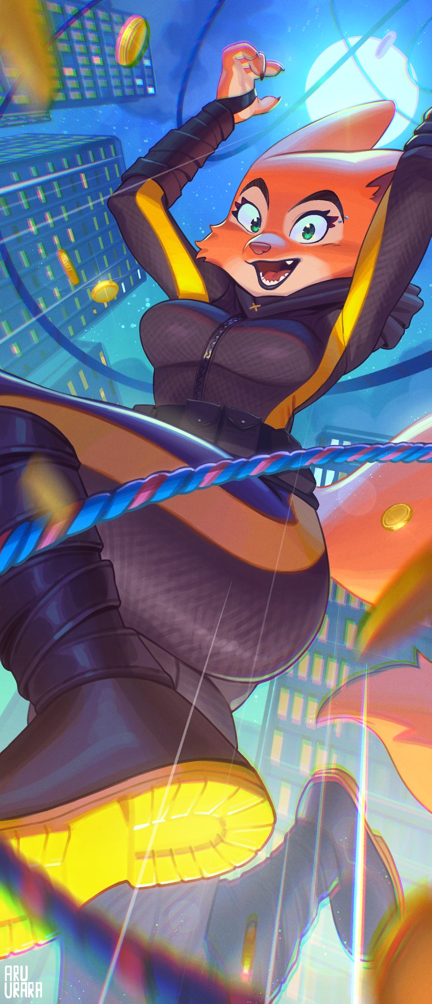 1girls, anthro, armpits, aruurara, big breasts, bodysuit, breasts, coin, diane foxington, female, female focus, female only, front zipper, furry, jpeg, solo, tagme, zipper