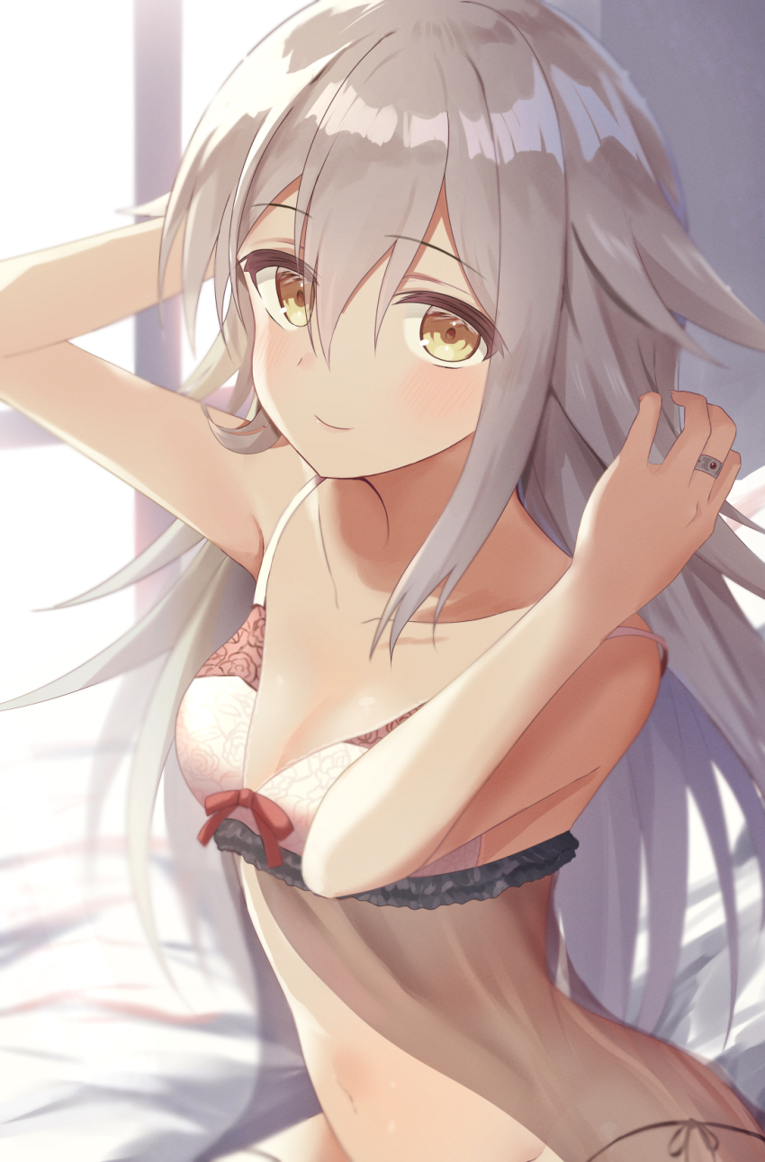 1girls arm_behind_head arms_up bed bedroom black_panties blush bow bow_bra bra breasts brown_eyes collarbone curvaceous curvy curvy_female curvy_figure cute female gray_hair highres human human_only jewelry kureha_yuna long_hair looking_at_viewer magia_record:_mahou_shoujo_madoka_magica_gaiden mahou_shoujo_madoka_magica medium_breasts navel panties pink_bra puella_magi_madoka_magica ring sensual side-tie_panties silver_hair sitting smile solo solo_female solo_focus suzugahama underwear window yellow_eyes young