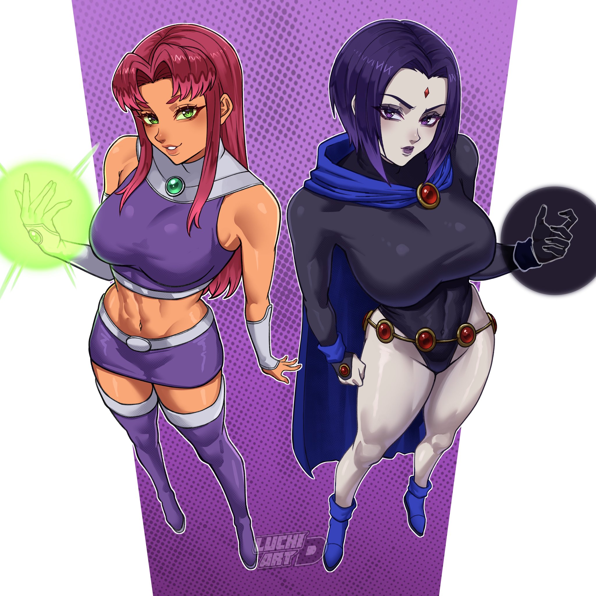 2girls, bodysuit, boots, breasts, cape, dc, dc comics, female, female only, forehead jewel, full body, gloves, green eyes, grey skin, halftone, halftone background, large breasts, leotard, lips, lipstick, long hair, looking at viewer, luchidart, makeup, midriff, miniskirt, navel, orange skin, pencil skirt, polka dot, polka dot background, purple background, purple boots, purple eyes, purple hair, purple legwear, purple skirt, raven (dc), red hair, screentones, short hair, skirt, sleeveless, smile, solo, starfire, superhero, teen titans, thigh boots, thighhighs
