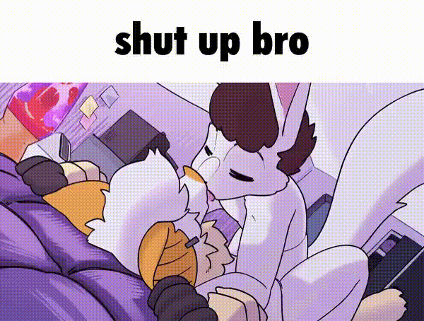 2femboys, animal ears, animal tail, animated, anthro, dosent, eyes closed, femboy, funny, furry, gay, kissing, lava lamp, male/male, me and who, meme, meme caption, pinned down, pinned to bed, shut up, snout, text, yaoi
