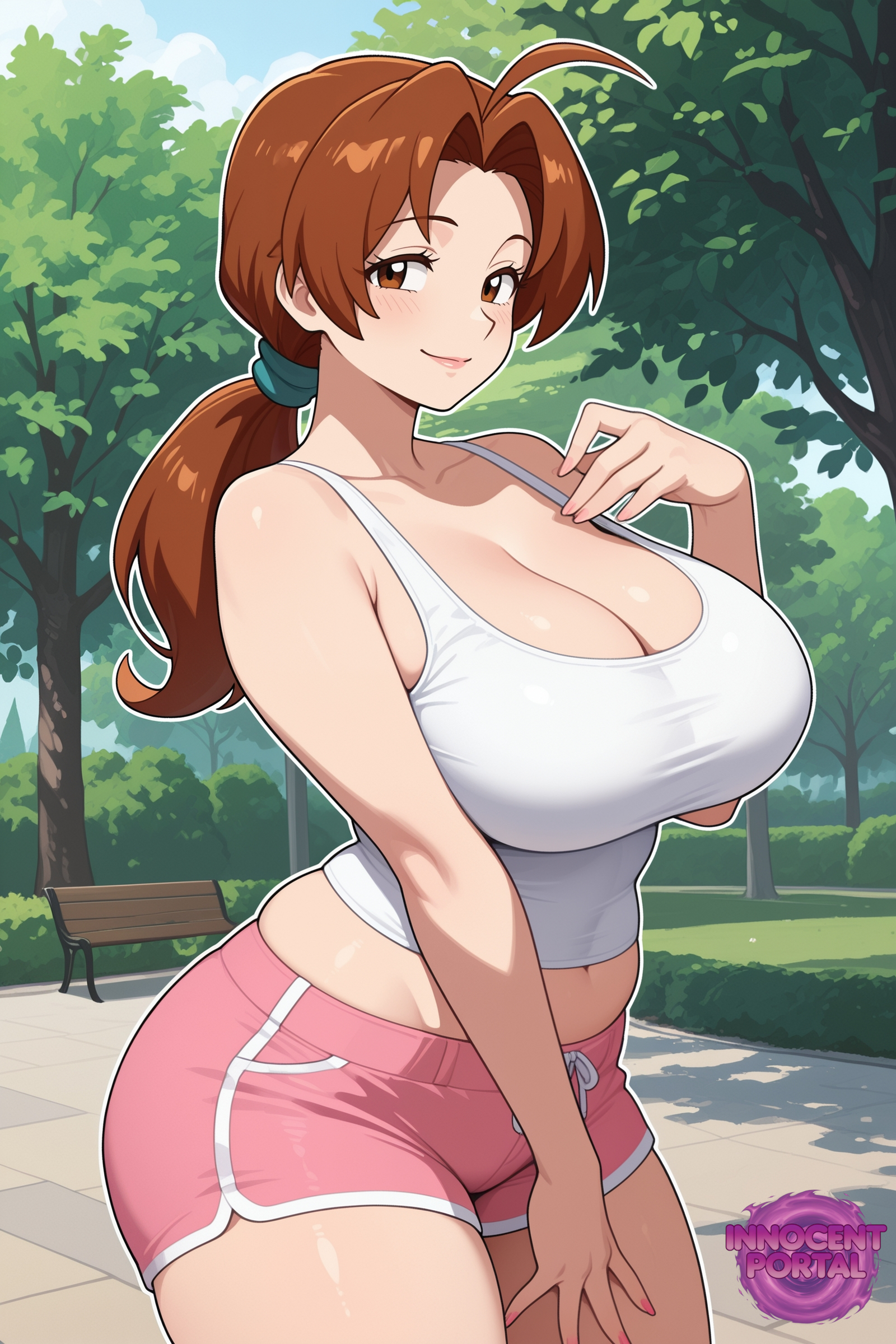 ai generated, big breasts, blush, blush lines, breasts, brown eyes, brown hair, busty, busty female, child bearing hips, cleavage, delia ketchum (pokemon), female, female focus, female only, hips, jorgecarlosai, looking at viewer, mature, mature female, mature woman, milf, mommy, mommy kink, mommy milkers, outdoors, park, pink shorts, pokemon, pokemon (series), ponytail, posing, sexy, short shorts, shorts, smile, sportswear, tank top, watermark, white tank top, wide hips