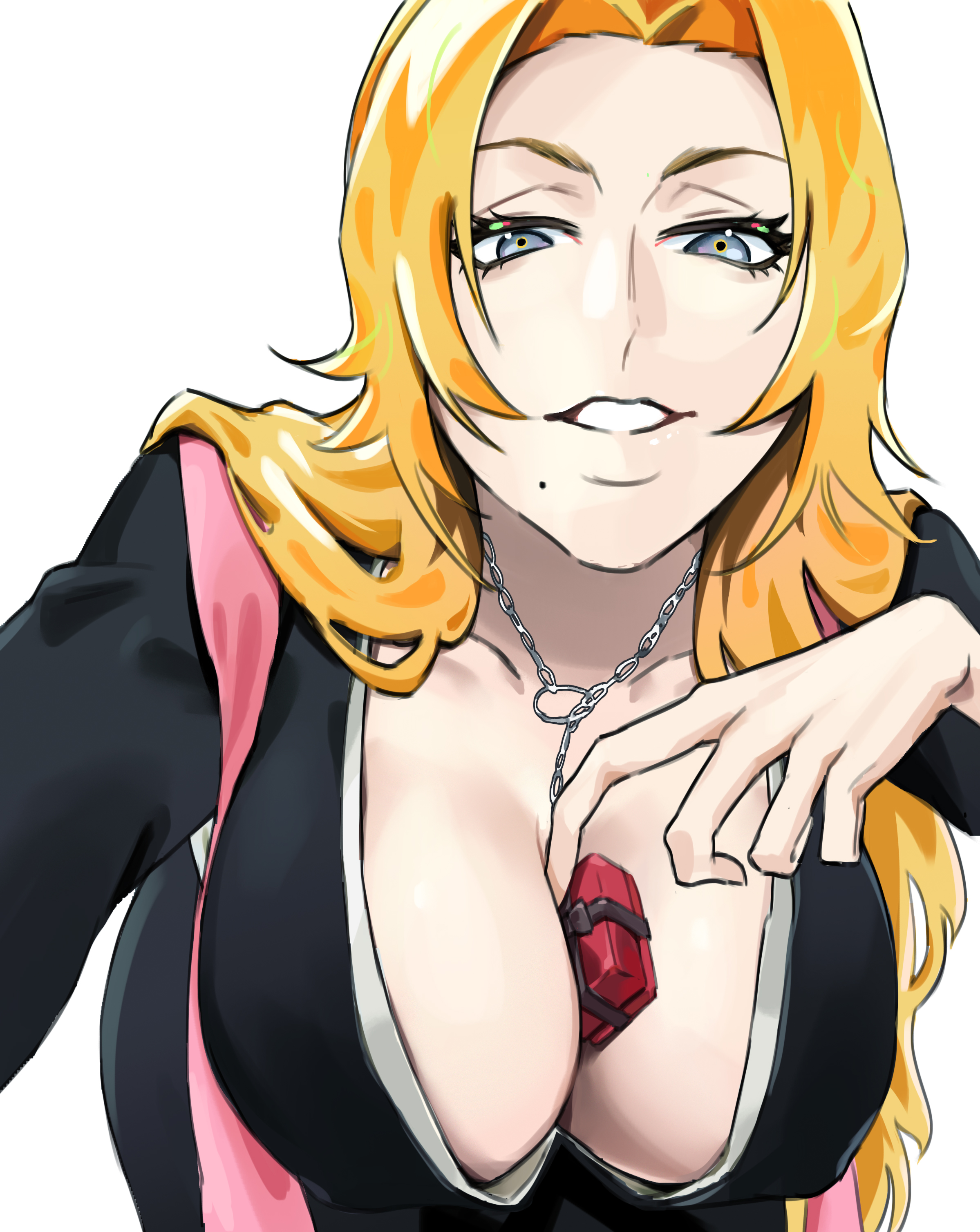 44kosame44, absurdres, between breasts, big breasts, black kimono, bleach, blue eyes, breasts, candy, chocolate, cleavage, female, food, food between breasts, heart, heart-shaped chocolate, heart-shaped food, highres, huge breasts, japanese clothes, jewelry, kimono, large breasts, matsumoto rangiku, mole, mole under mouth, necklace, necklace between breasts, orange hair, valentine, valentine's day, valentines day