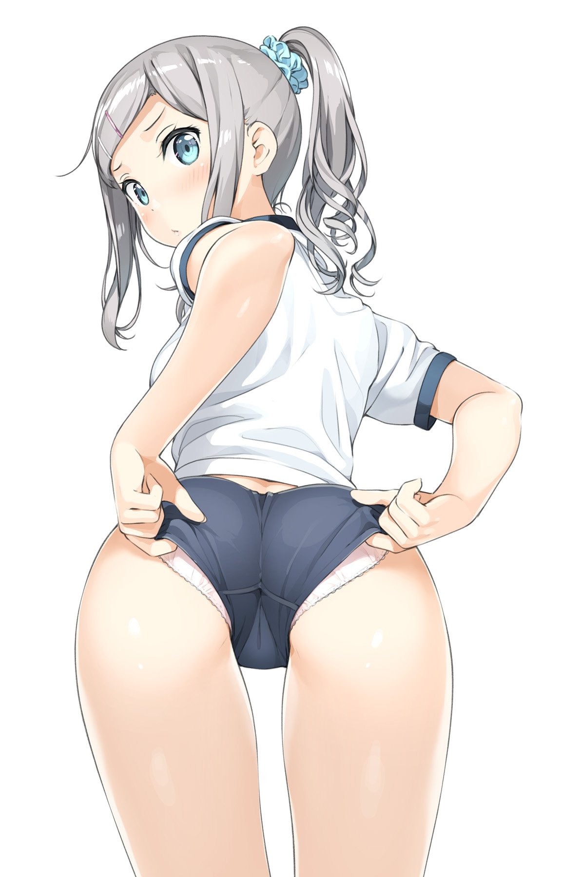 adjusting_clothes aqua_eyes ass female grey_hair gym_uniform kantoku original panties ponytail white_background white_panties