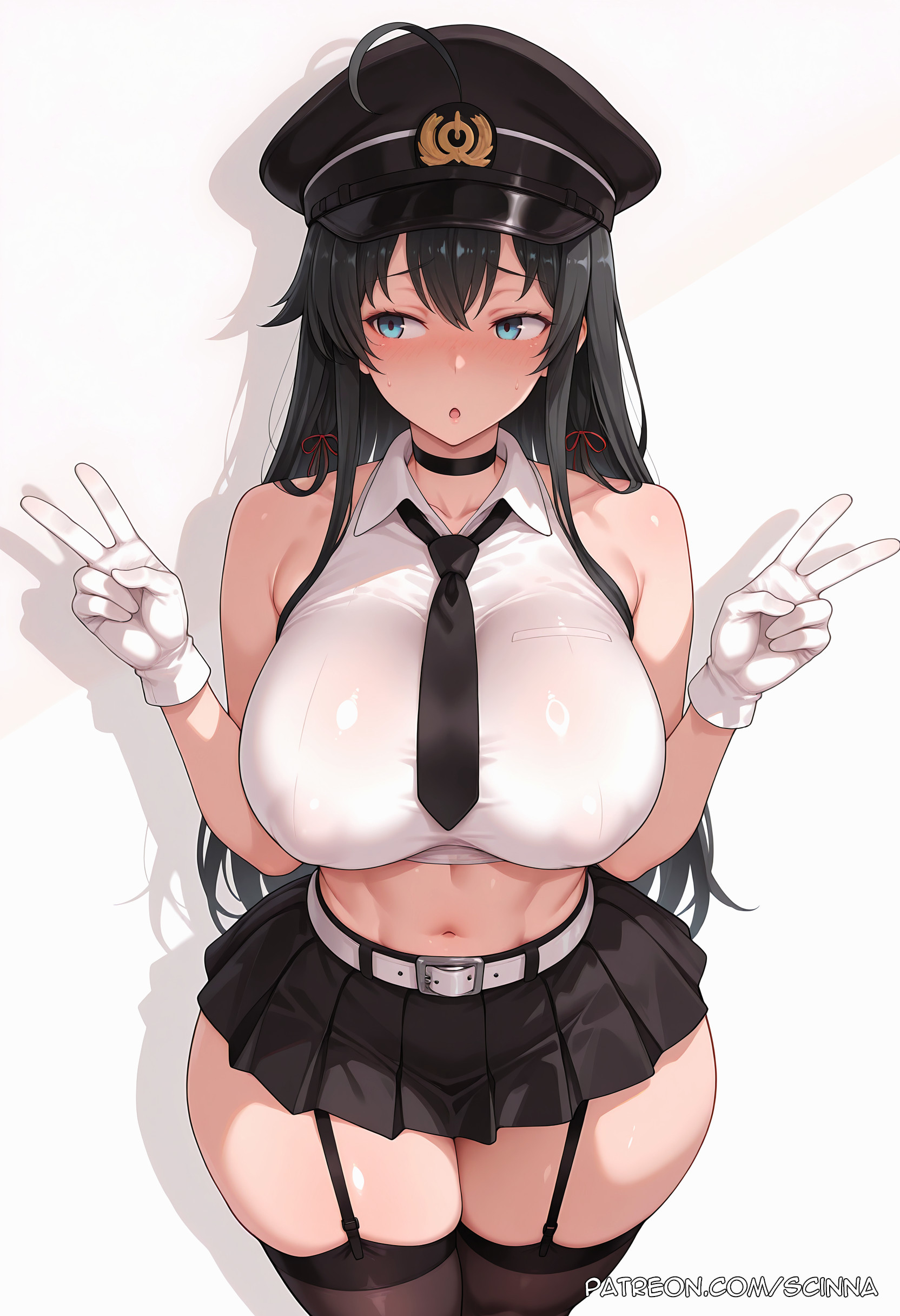 ahoge, ai generated, bare shoulders, belt, black choker, black hair, black headwear, black necktie, black skirt, black thighhighs, blue eyes, blush, breasts, choker, covered nipples, cowboy shot, crop top, curvaceous, curvaceous body, curvy, curvy body, curvy female, double v, female, garter straps, gloves, hair ribbon, hat, large breasts, long hair, midriff, miniskirt, my teen romantic comedy snafu, navel, necktie, open mouth, peaked cap, pleated skirt, ribbon, scinna, self upload, shirt, skirt, sleeveless, sleeveless shirt, solo, stable diffusion, thick thighs, thighhighs, thighs, v, voluptuous, voluptuous body, voluptuous female, white background, white belt, white gloves, white shirt, wide hips, yahari ore no seishun lovecome wa machigatteiru., yukinoshita yukino, zettai ryouiki