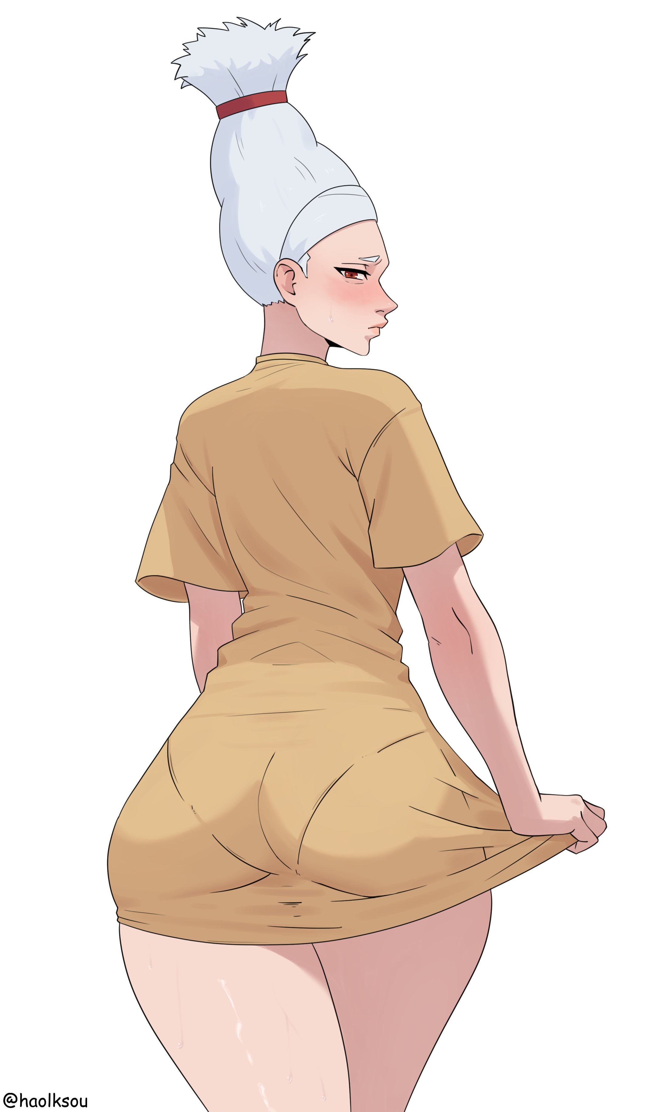 1girls, ass, ayase seiko, big ass, blush, dandadan, female, female only, gilf, haolksou, mature female, pantylines, presenting hindquarters, red eyes, solo, white hair