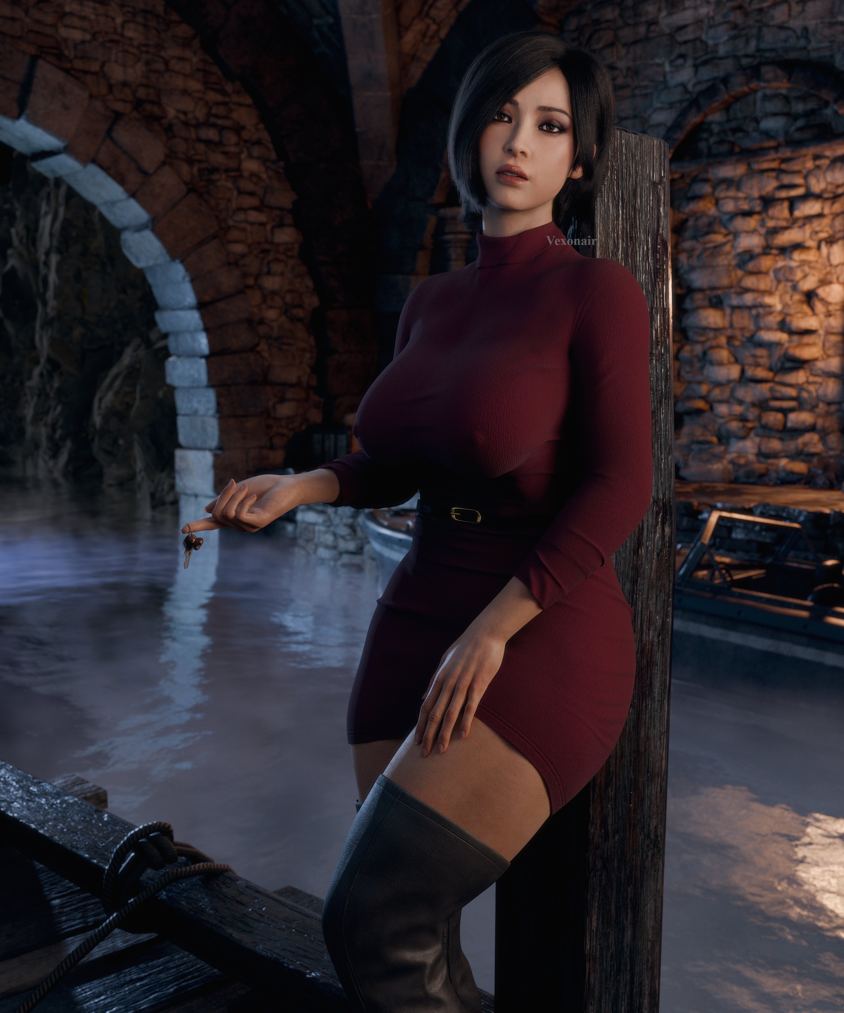 1girls, 3d, 3d (artwork), 3d model, 3d render, ada wong, big breasts, black hair, looking at viewer, nipples visible through clothing, resident evil, resident evil 4, resident evil 4 remake, vexonair