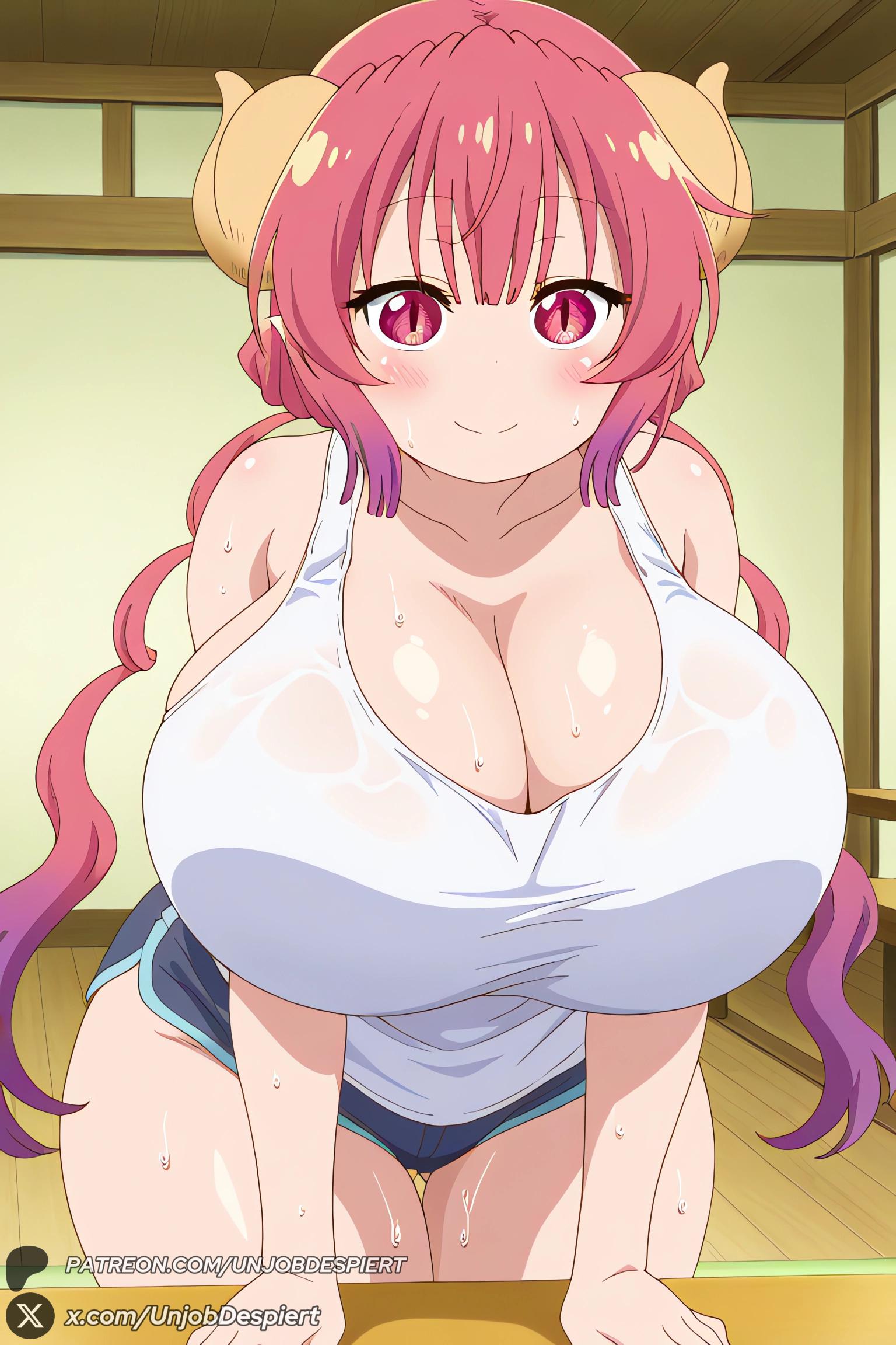 1female, 1girls, 2026, ai generated, artist name, bangs, bare shoulders, big ass, big breasts, blue shorts, blush, breasts, cleavage, closed mouth, collarbone, curvy, dragon girl, dragon horns, female, female only, gradient hair, hi res, high quality, high resolution, highres, horns, huge ass, huge breasts, ilulu (dragon maid), ilulu (maidragon), ilulu (miss kobayashi's dragon maid), indoors, kobayashi-san chi no maidragon, long hair, looking at viewer, multicolored hair, patreon, patreon username, pink hair, pointy ears, purple hair, red eyes, red hair, see-through, shiny, shiny skin, shirt, short shorts, shorts, slit pupils, smile, solo, sweat, tank top, thighs, twintails, unjobdespiert, watermark, wet, wet clothes