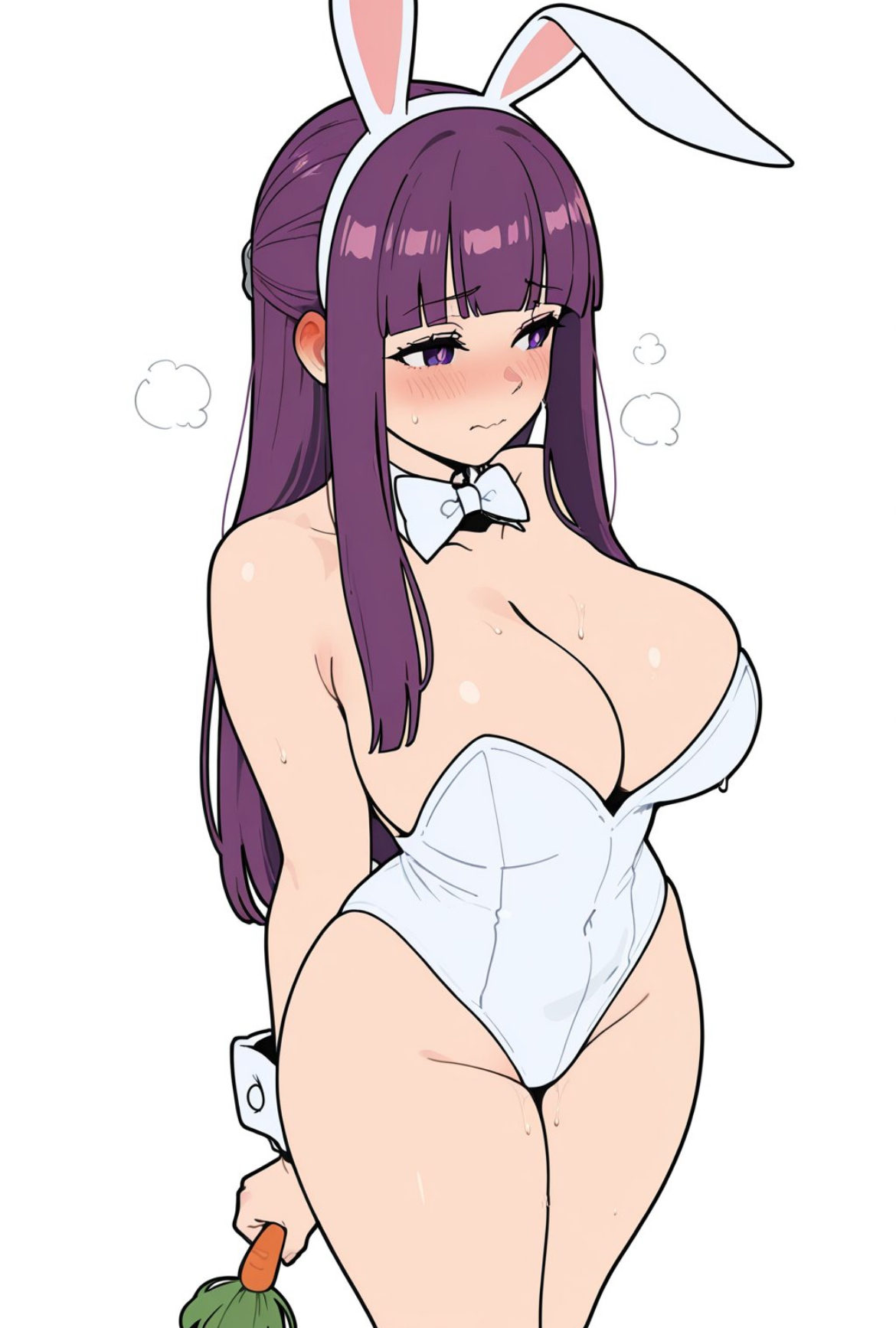 ai, ai generated, big breasts, bunny ears, bunnysuit, busty female, curvy female, female, female only, fern (sousou no frieren), kawaiiaiarts, long hair, purple hair, shy expression, sousou no frieren, thick thighs, wide hips