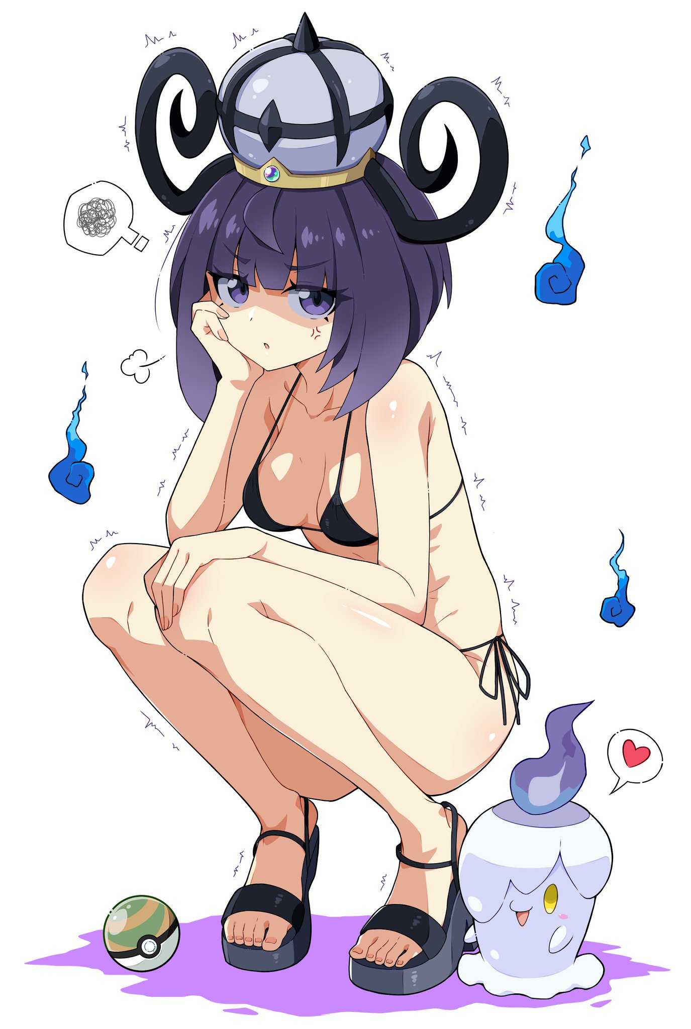 :o, 1girls, 2d, 2d (artwork), 2d artwork, angry, angry expression, angry eyebrows, angry face, average breasts, bare arms, bare calves, bare chest, bare hands, bare hips, bare knees, bare legs, bare midriff, bare shoulders, bare skin, bare thighs, bikini, bikini bottom, bikini only, bikini top, black bikini, black bikini bottom, black bikini top, black footwear, black hair, black high heels, black sandals, black shoes, black swimsuit, black swimwear, black-haired female, blunt bangs, breasts, calves, candle, collarbone, crown, digital, digital art, digital drawing, digital drawing (artwork), digital media, digital media (artwork), drawing, eggman (ni tamagoex), elbows, exposed arms, exposed calves, exposed chest, exposed hips, exposed legs, exposed midriff, exposed shoulders, exposed skin, exposed thighs, eyebrows visible through hair, feet, female, female focus, female only, fingernails, fingers, footwear, frown, frown eyebrows, frowning, frowning at viewer, full body, ghost, groin, gwynn (pokemon), halterneck, hand on face, hand on head, hand on knee, hand on leg, hand on own face, hand on own head, hand on own knee, hand on own leg, high heels, high resolution, highres, hitomoshi, knees, lean figure, legs, legs folded, litwick, looking at viewer, medium breasts, medium hair, midriff, muku (pokemon), narrow waist, open mouth, open mouth smile, parted lips, petite, petite body, petite breasts, petite female, petite girl, petite tits, pokeball, pokemon, pokemon legends: z-a, purple eyes, purple-eyed female, sandals, scowl, shoes, shoulders, side-tie bikini, simple background, slender body, slender waist, slim female, slim waist, solo, squat, squatting, squatting female, string bikini, swimsuit, swimwear, thighs, toes, tongue, twitch lines, twitching, white background