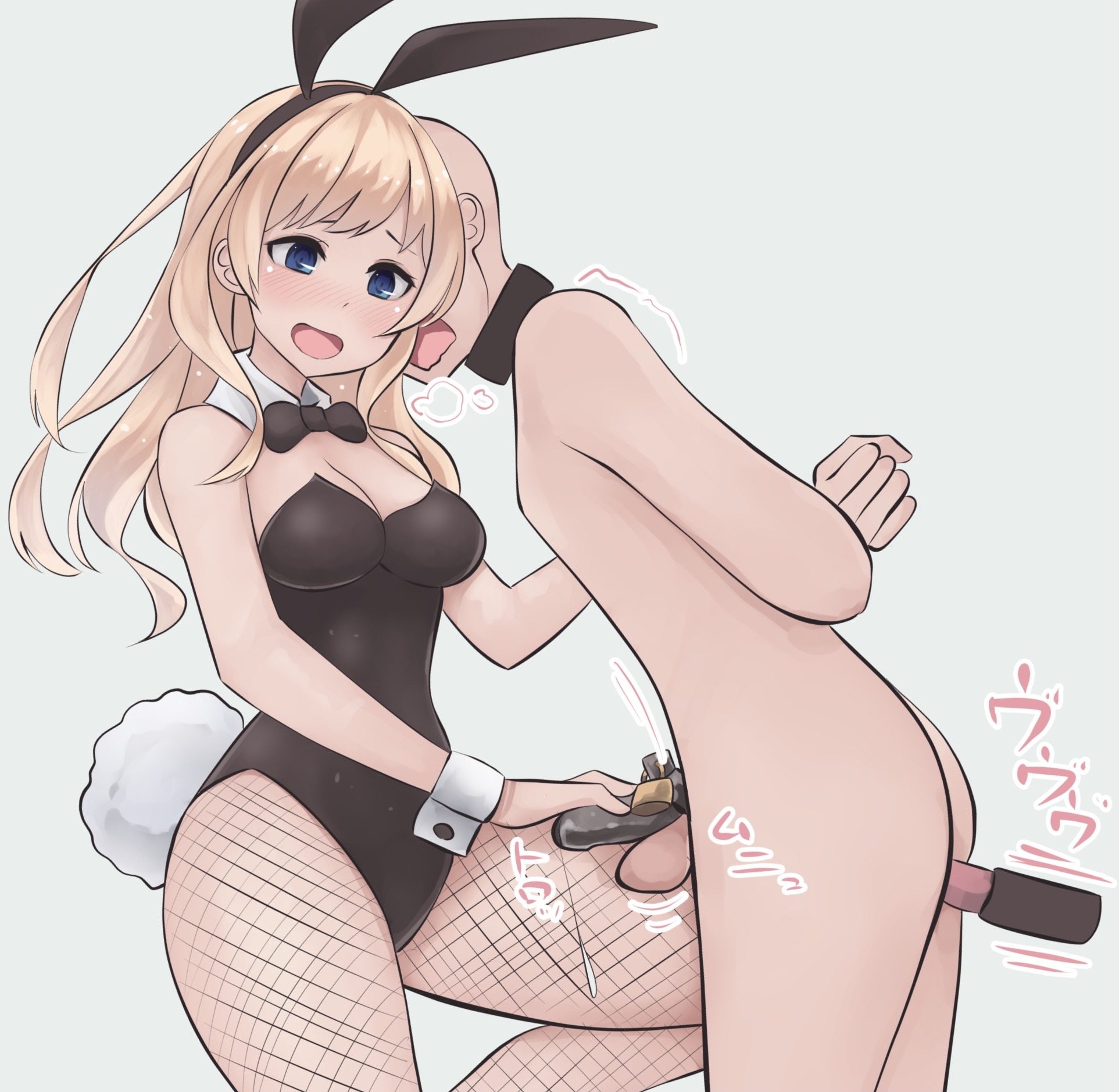 1boy, 1girls, armwear, ballbusting, black ribbon, blonde, blonde female, blonde hair, blonde hair female, blonde-haired female, blue eyes, blue eyes female, bunny, bunny ear, bunny ears, bunny girl, bunny tail, bunnygirl, bunnysuit, chastity cage, clothed female nude male, cock cage, completely nude, completely nude male, female, femdom, fishnet pantyhose, grey background, hourglass figure, kikiu bd, light skin, light-skinned female, light-skinned male, nude, nude male, nude male clothed female, pantyhose, ribbon, simple background, thick thighs, thighs, woman