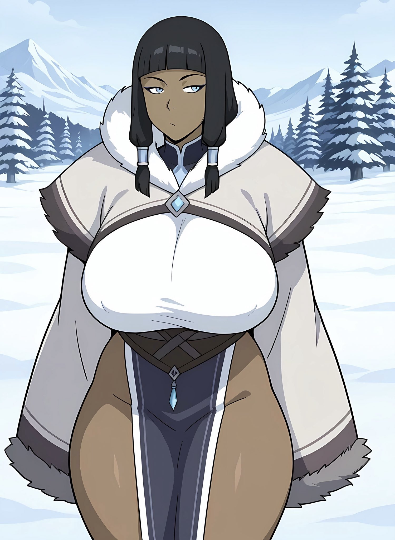 1girls, ai generated, avatar the last airbender, ayyaai, big areola, big areolae, big areolas, blue eyes, breasts bigger than head, breedable hips, brown body, brown nipples, brown skin, busty, busty female, busty girl, child bearing hips, clothes, dark hair, dark skin, dark-skinned female, eska, fat breasts, fat tits, female, female only, giant breasts, huge breasts, large breasts, large tits, looking at viewer, makeup, massive breasts, massive tits, mommy milkers, outdoors, smirking, smirking at viewer, snow, solo, solo female, solo focus, spreading, tanned, tanned body, tanned female, tanned skin, the legend of korra, thick, thick hips, thick legs, thick thighs, tied hair, tits bigger than head, twintails, voluptuous, voluptuous body, voluptuous female