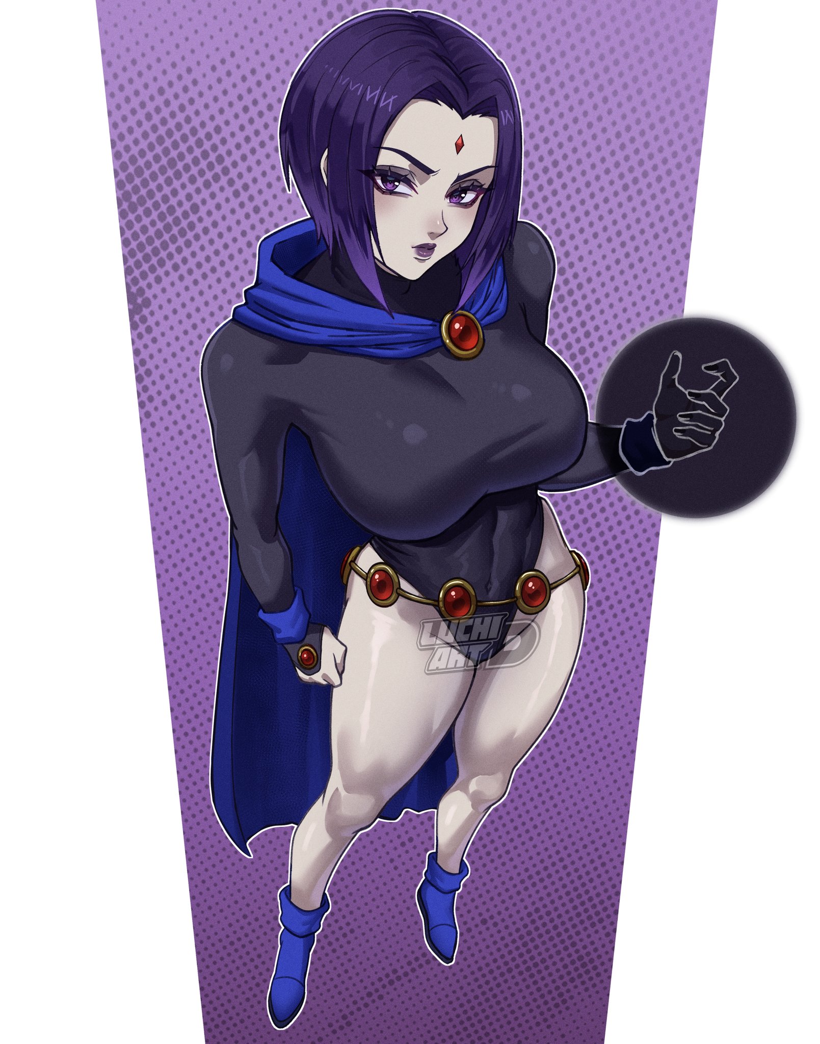1girls, bodysuit, breasts, cape, dc, dc comics, female, female only, forehead jewel, grey skin, halftone, large breasts, leotard, lips, lipstick, looking at viewer, luchidart, makeup, purple background, purple eyes, purple hair, raven (dc), screentones, short hair, solo, superhero, teen titans