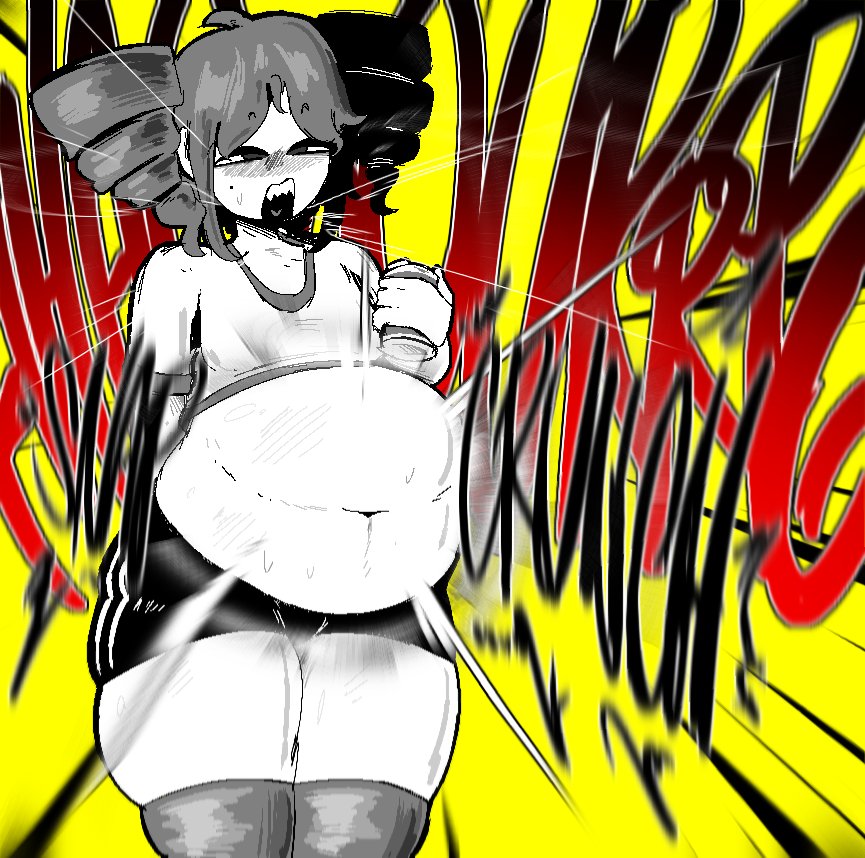 1girl, ahoge, bike shorts, blush, burp, burping, can, digestion, digestion noises, drill hair, hatsune miku, holding, holding can, kasane teto, monochrome, motion blur, navel, open mouth, same size vore, sharp teeth, shirt, shorts, skindentation, soft vore, solo, struggling, struggling prey, sweat, teeth, thick thighs, thighhighs, thighs, tuppenjskewer, twin drills, unwilling, unwilling prey, unwilling vore, utau, utauloid, vocaloid, vore, vore belly, yellow background