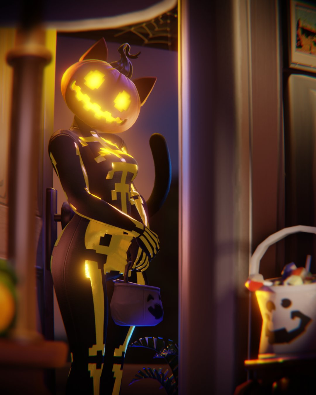 1girls, 2026, 3d, ass, big ass, big breasts, bodysuit, breasts, cat ears, cat girl, cat tail, catgirl, female, female only, fortnite, full body suit, halloween, helmet, hourglass figure, jack-o'-lantern, jtopau, looking at viewer, masked, masked female, pumpkin, pumpkin head, solo, spice (fortnite), standing, thick thighs, thighs, video games, voluptuous, voluptuous female, wide hips