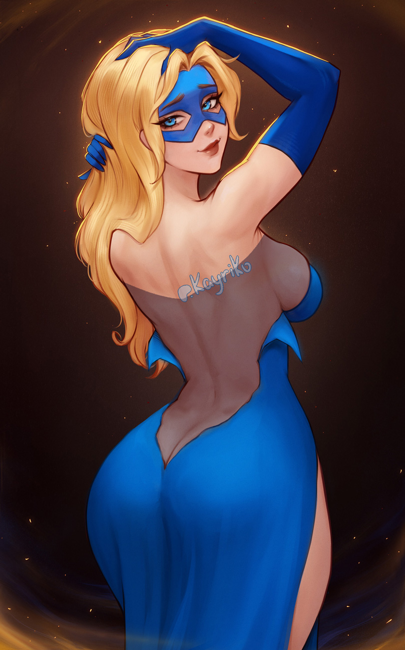 1girls, ass, back, bare shoulders, big ass, big breasts, blonde blazer, blonde hair, blue dress, blue eyes, breasts, cake, dispatch (game), dress, elbow gloves, female, female only, gloves, kayav, kayriko, lips, long hair, looking at viewer, looking back, makeup, mask, side slit, smile, solo, standing