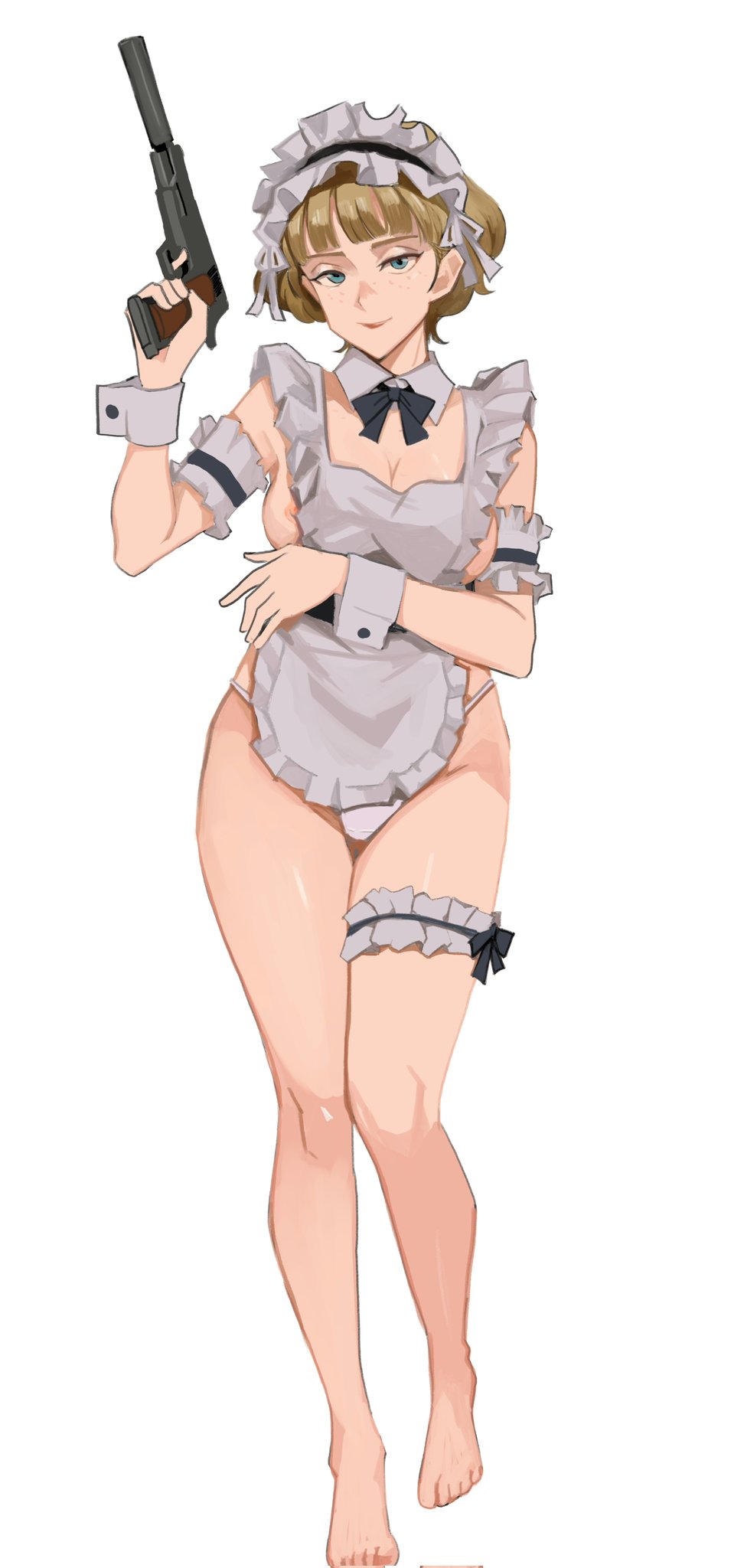 1girls, 2d, areolae, blonde female, blonde hair, blue eyes, clothing, desert rose, female, female focus, female only, firearm, freckles, freckles on face, gun, handgun, human, irene sanders, knees, large breasts, light skin, light-skinned female, looking at viewer, maid, maid apron, maid headdress, maid outfit, nipple slip, nipples, no bra, outerwear, pale skin, panties, solo, suppressor, thighs, wani (perfect han), weapon