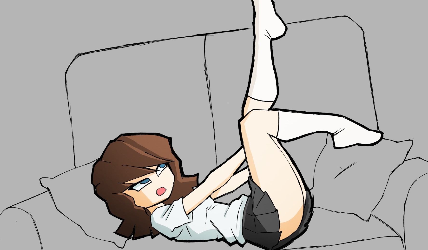 blue eyes, breekn, brikmk, brown hair, clash (series), clash royale, medium hair, princess (clash royale), shirt, simple background, skirt, socks, sofa, supercell