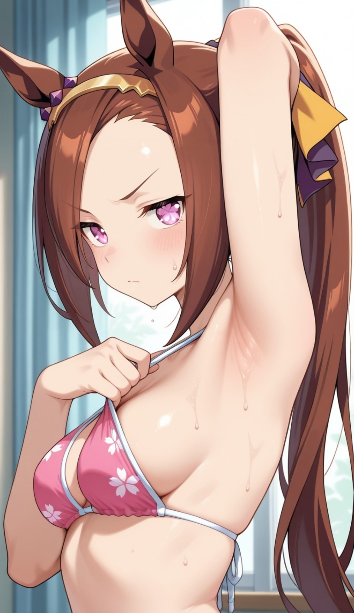 ai, ai generated, arm up, armpit fetish, armpits, bakushin o armpit gif (meme), bikini top, brown hair, female, female only, horse ears, midriff, petite female, sakura bakushin o (umamusume), sideboob, small breasts, umamusume, umamusume pretty derby