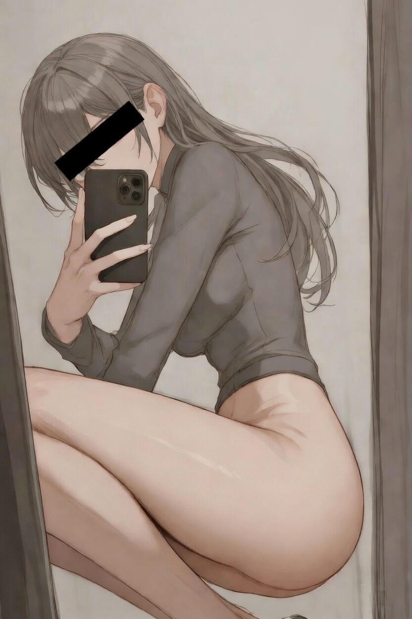 ai generated, artist request, ass, bottomless, butt crack, censored eyes, character request, convenient censoring, grey hair, large breasts, mirror selfie, no panties, selfie, source request, squatting, sweater, tagme, thighs