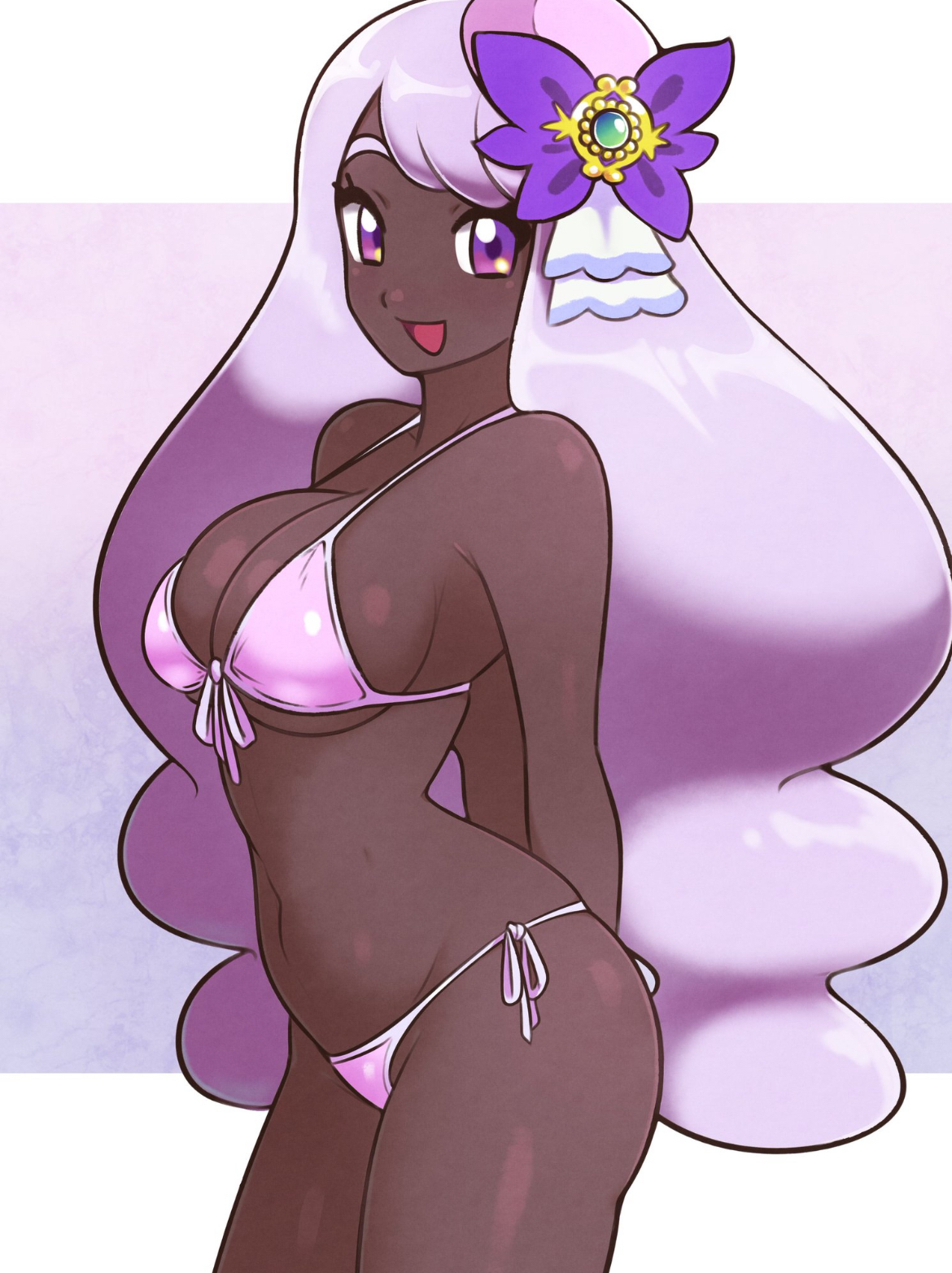 :d, 1girls, african female, big breasts, bikini, curvy female, dark-skinned female, female, female only, jacinthe (pokemon), long hair, pokemon, pokemon legends: z-a, pose, purple hair, thick thighs, wide hips, yukari (pokemon)