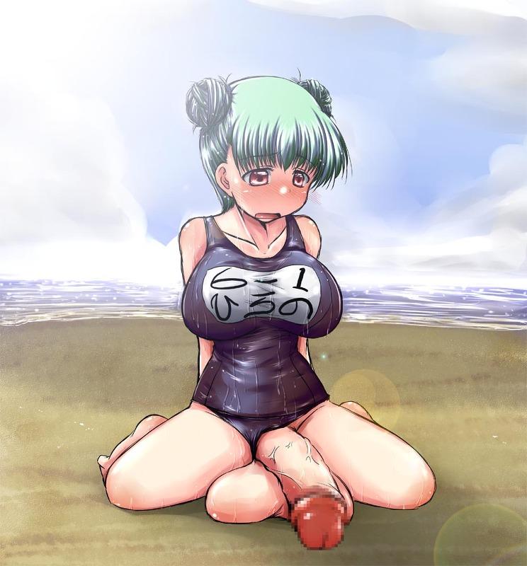 1futa beach blush breasts censored futa_only futanari green_hair hair huge_balls huge_breasts huge_cock huge_testicles intersex misana mosaic_censoring one-piece_swimsuit open_mouth outdoors penis penis_slip red_eyes school_swimsuit solo solo_futa swimsuit testicles wet