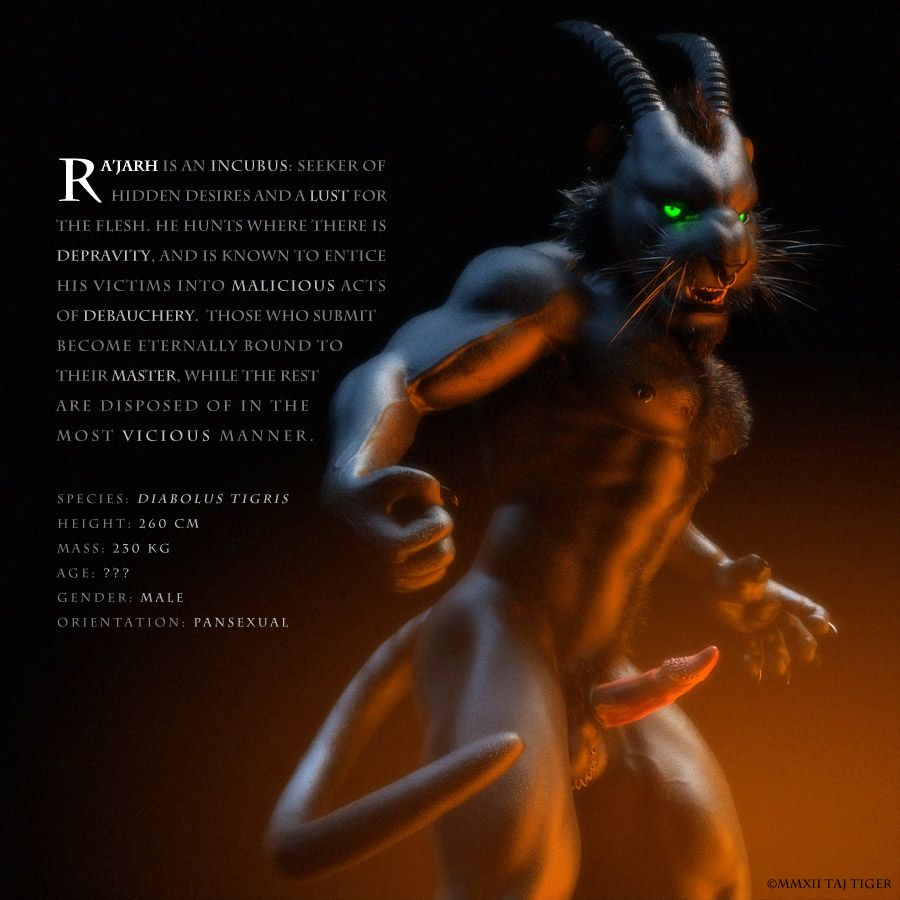 1boy 3d balls barbs claws demon erection feline green_eyes horn looking_at_viewer male male_only muscles penis piercing solo taj