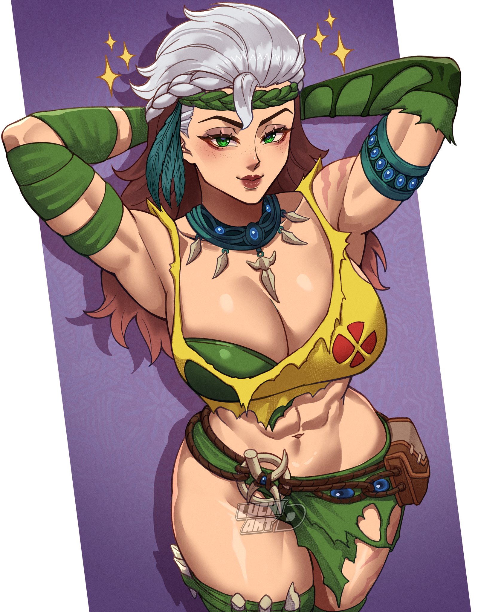 1girls, armlet, armpits, big breasts, braid, breasts, brown hair, cave girl, cavegirl, cavewoman, cleavage, female, female only, green eyes, green gloves, headband, jungle, jungle girl, large breasts, lips, loincloth, long hair, looking at viewer, luchidart, marvel, marvel comics, marvel rivals, navel, rogue (marvel rivals), rogue (savage land), rogue (x-men), solo, sparkle, tarzan, tribal, white hair, x-men