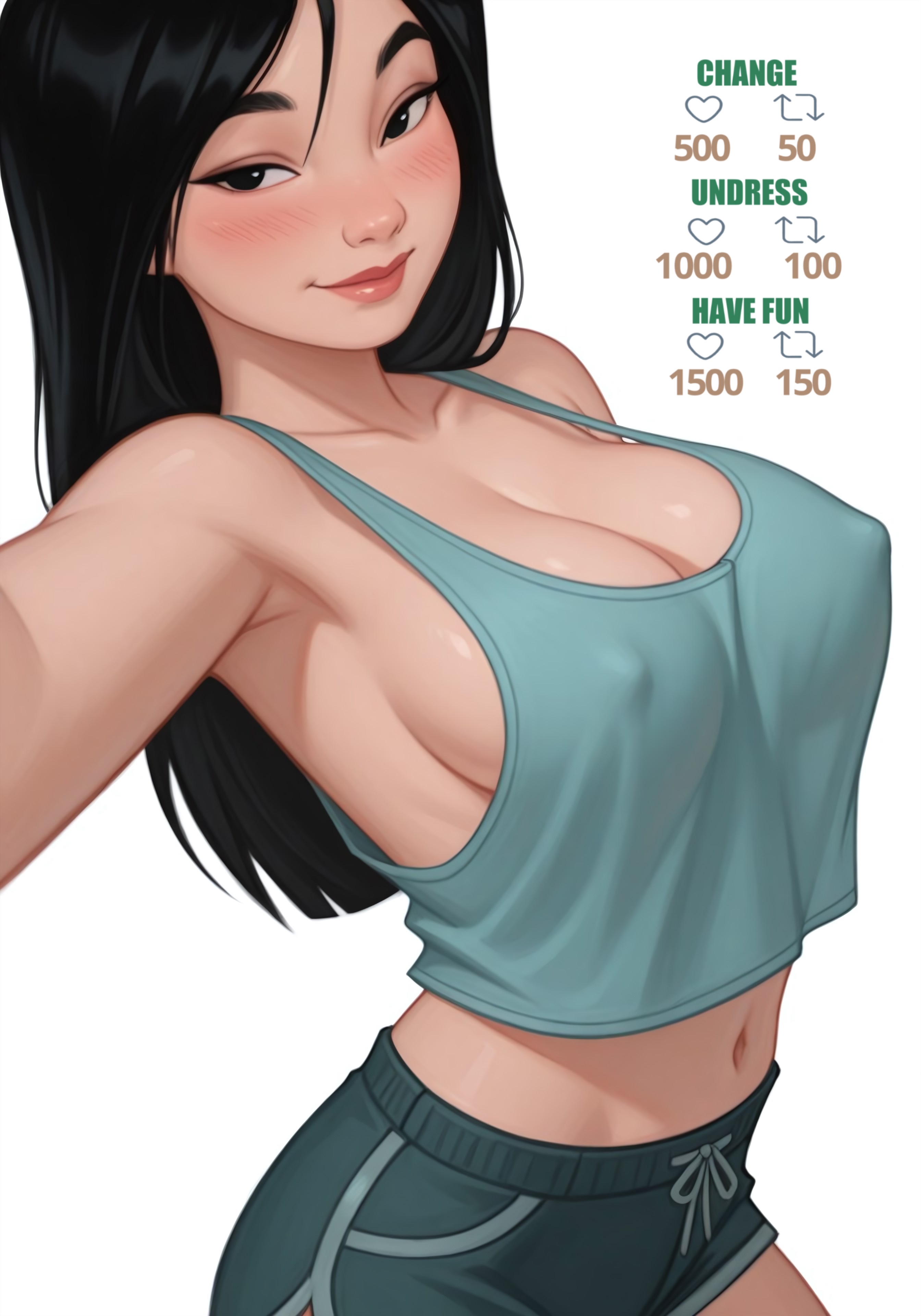 ai generated, aliaaaaana, asian female, belly button, breasts, chinese female, disney, disney princess, fa mulan, hard nipples, lipstick, looking at camera, mulan, nipples, nipples visible through clothing, selfie, social media, sports bra, sports shorts, sports uniform