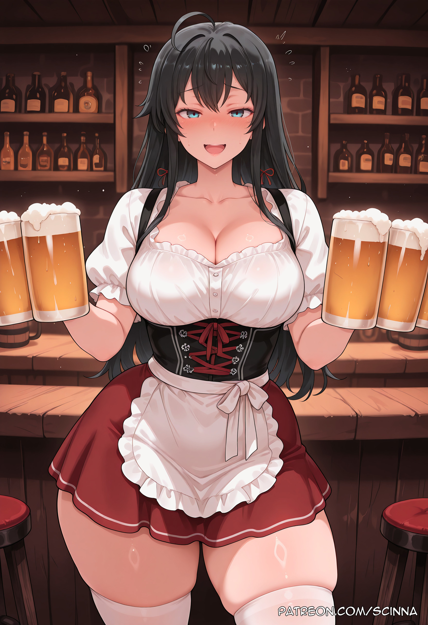 ahoge, ai generated, alcohol, apron, beer, beer mug, black hair, blue eyes, blush, breasts, cleavage, collarbone, cup, curvaceous, curvaceous body, curvy, curvy body, curvy female, dirndl, female, german clothes, hair ribbon, holding, holding cup, indoors, large breasts, long hair, looking at viewer, mug, my teen romantic comedy snafu, open mouth, patreon username, puffy short sleeves, puffy sleeves, red ribbon, red skirt, ribbon, scinna, self upload, shirt, short sleeves, skindentation, skirt, smile, solo, stable diffusion, standing, thick thighs, thighhighs, thighs, underbust, voluptuous, voluptuous body, voluptuous female, waist apron, waitress, white apron, white shirt, white thighhighs, wide hips, yahari ore no seishun lovecome wa machigatteiru., yukinoshita yukino, zettai ryouiki