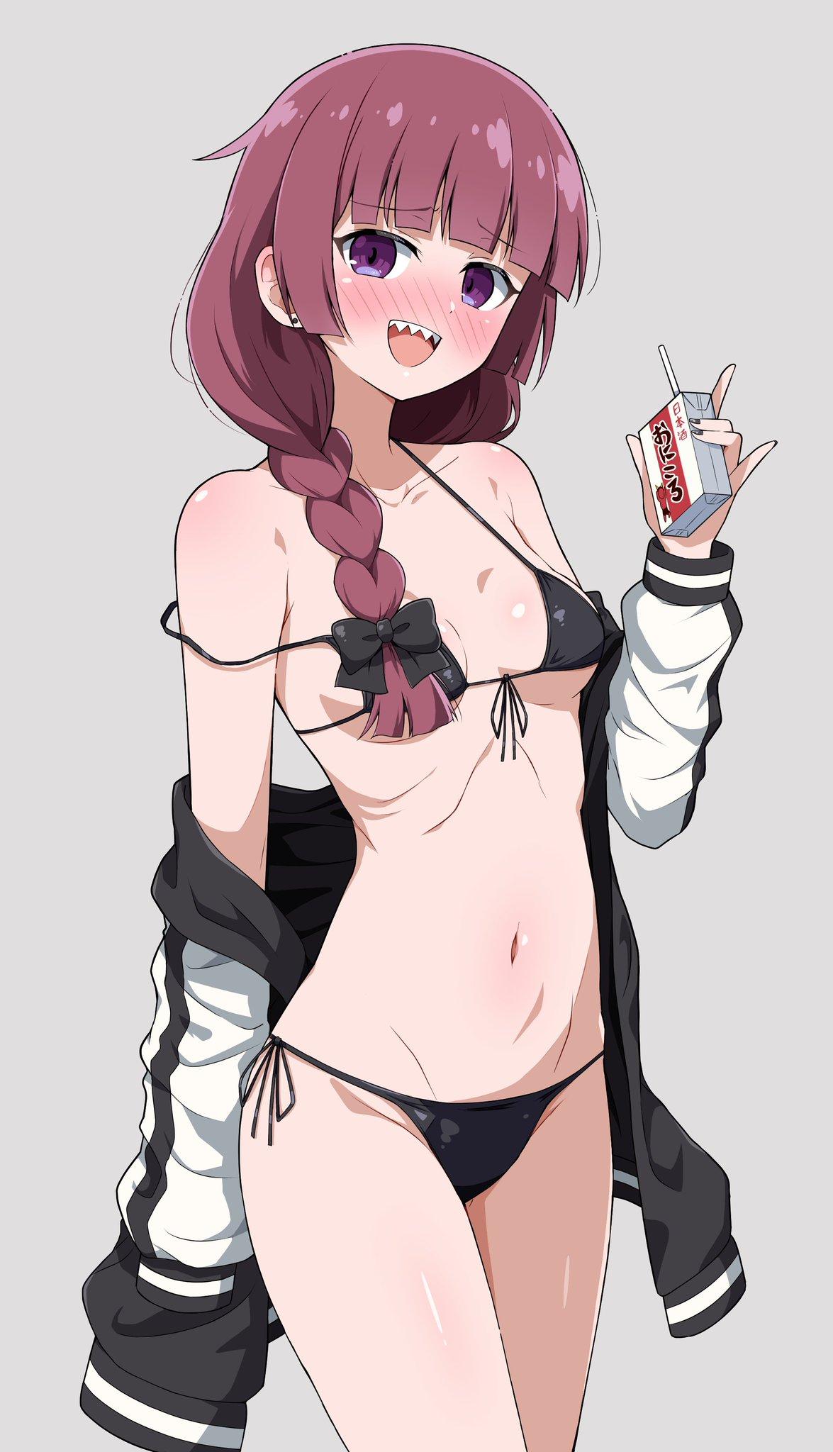 1girls, 2d, 2d (artwork), 2d artwork, adult, adult female, bare belly, bare chest, bare hands, bare hips, bare legs, bare midriff, bare navel, bare shoulders, bare skin, bare thighs, belly, belly button, bewitching thighs, bikini, bikini bottom, bikini top, black bikini, black bikini bottom, black bikini top, black coat, black fingernails, black jacket, black nail polish, black nails, black swimsuit, black swimwear, blunt bangs, blush, blush face, blushing at viewer, blushing female, blushing lines, bocchi the rock!, braid, braided hair, braided ponytail, braids, breasts, child bearing hips, coat, collarbone, curvaceous, curvaceous body, curvaceous female, curvaceous figure, curvaceous hips, curvy, curvy body, curvy female, curvy figure, curvy hips, digital, digital art, digital drawing, digital drawing (artwork), digital media, digital media (artwork), drawing, drugged, drunk, drunk blush, drunk female, drunken eyes, ear piercing, eggman (ni tamagoex), exposed belly, exposed chest, exposed hips, exposed legs, exposed midriff, exposed navel, exposed shoulders, exposed skin, exposed thighs, eyebrows visible through hair, female, female focus, female only, fertile hips, fingernails, fingers, grey background, groin, halterneck, head tilt, high resolution, highres, hiroi kikuri, inframammary fold, inguinal crease, inguinal ligament, jacket, lean figure, long hair, looking at viewer, mature, mature female, midriff, nail polish, nails, narrow waist, navel, off shoulder, open coat, open jacket, open mouth, open mouth smile, parted lips, petite, petite body, petite breasts, petite female, petite girl, petite tits, pierced ear, ponytail, purple eyes, purple hair, purple-eyed female, purple-haired female, ribs, sharp teeth, shoulders, side-tie bikini, simple background, single braid, skinny, skinny female, skinny girl, skinny waist, slender body, slender waist, slim female, slim waist, small breast, small breasts, smile, smiley face, smiling, smiling at viewer, solo, standing, string bikini, swimsuit, swimwear, thick thighs, thighs, tilted head, tiny breasts, tongue, upper body, upper teeth, wide hips