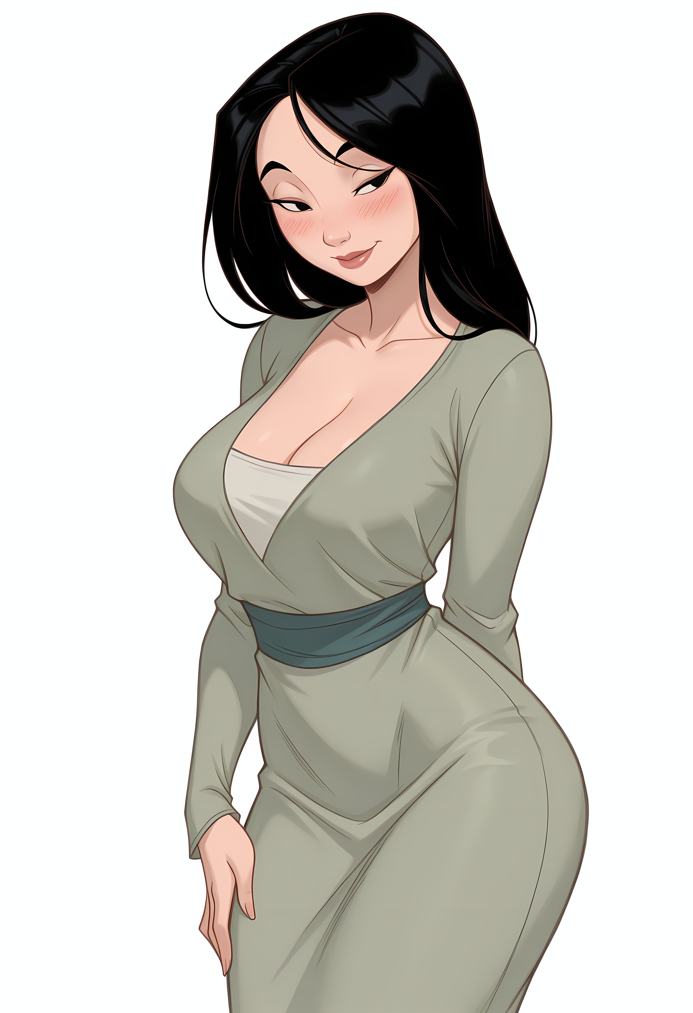 ai generated, aliaaaaana, asian female, blush, breasts, chinese female, curvy figure, disney, disney princess, fa mulan, lipstick, mulan, normal breasts, one hand behind ass, smiling, white background