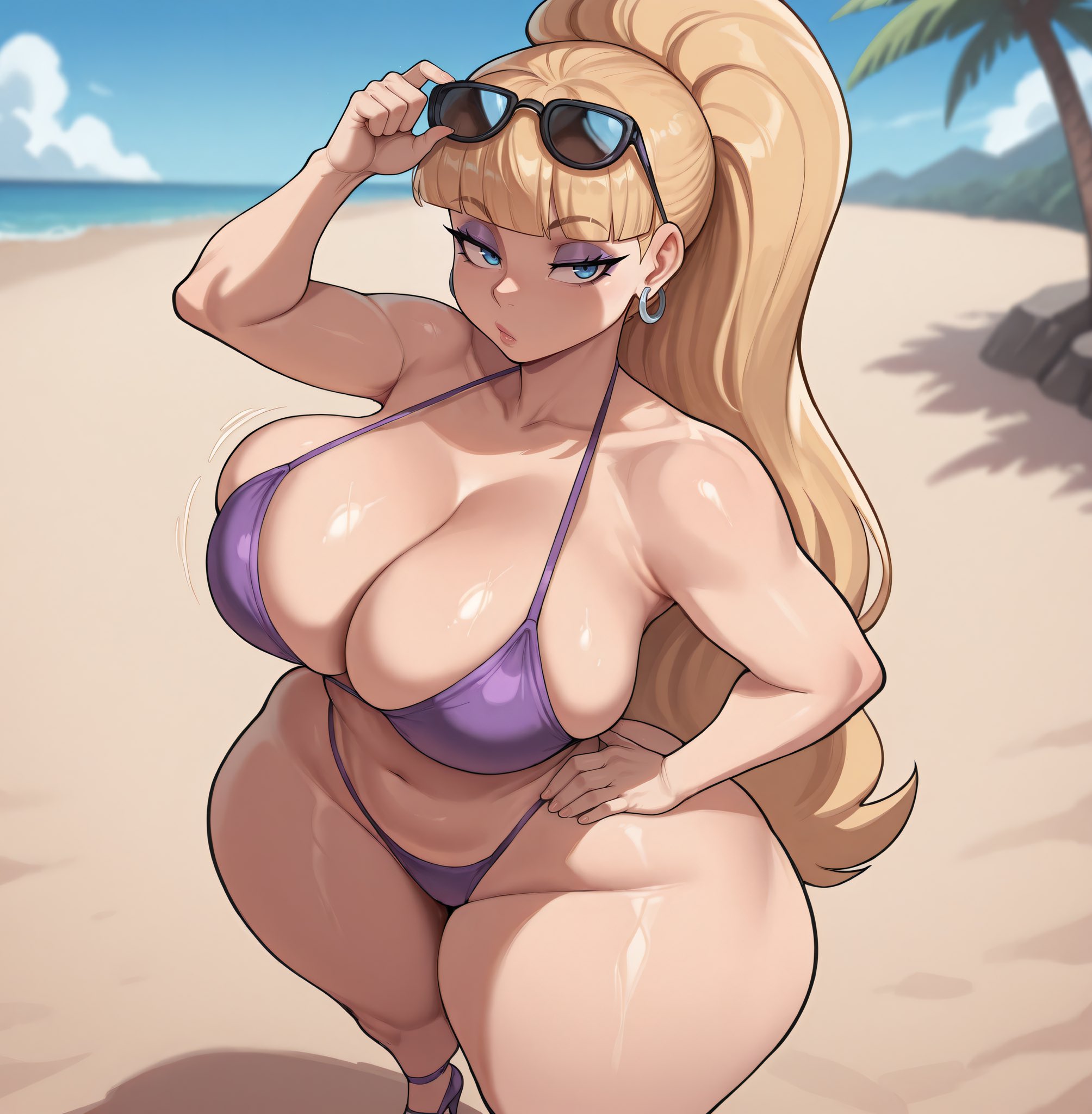 1girls, ai generated, beach, big breasts, bikini, blonde hair, blue eyes, child bearing hips, curvaceous, curvy female, disney, earrings, eyeshadow, female, female only, glasses on head, gravity falls, hand on hip, high heels, hip dips, hips, hourglass figure, large breasts, light skin, light-skinned female, long hair, outdoors, pacifica northwest, ponytail, smogai, sunglasses, sunglasses on head, thick, thick thighs, voluptuous, voluptuous female, water, wide hips