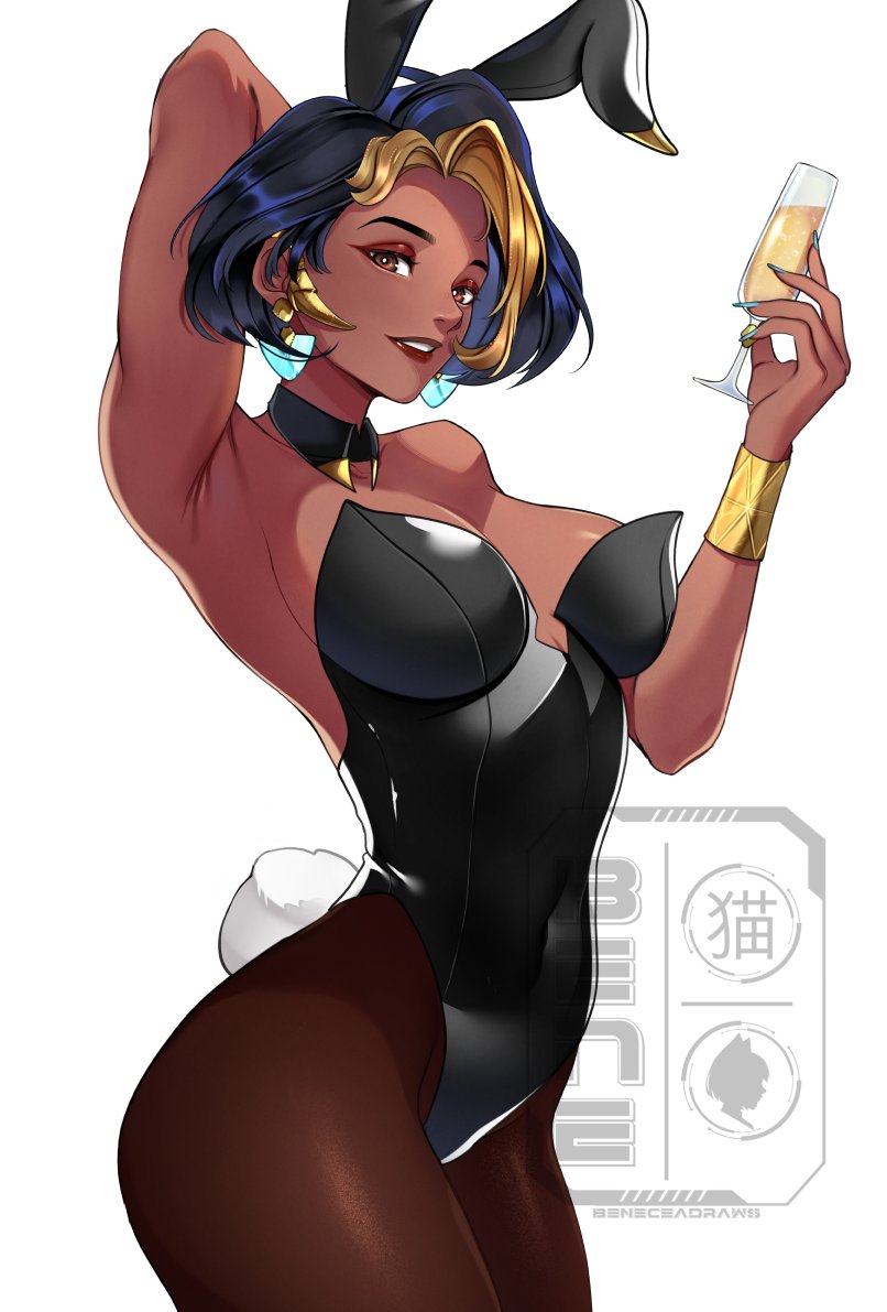 1girl, 1girls, animal ear hairband, animal ears, arm behind head, arm up, armpits, artist name, bare shoulders, beneceadraws, black hair, black leotard, black pantyhose, blonde hair, breasts, brown eyes, bunny ears, bunny girl, bunny tail, bunnysuit, champagne flute, cleavage, commentary, covered navel, crystal earrings, cup, curtained hair, dark skin, dark-skinned female, detached collar, domina, drinking glass, earrings, english commentary, eyeshadow, fake animal ears, fake tail, female, female only, gold bracer, hairband, highleg leotard, holding, holding cup, jewelry, leotard, looking at viewer, makeup, medium breasts, multicolored hair, overwatch, overwatch 2, pantyhose, parted hair, parted lips, presenting armpit, rabbit ear hairband, rabbit ears, rabbit tail, red eyeshadow, red lips, short hair, simple background, smile, solo, strapless, strapless leotard, streaked hair, tail, teeth, white background, wrist cuffs