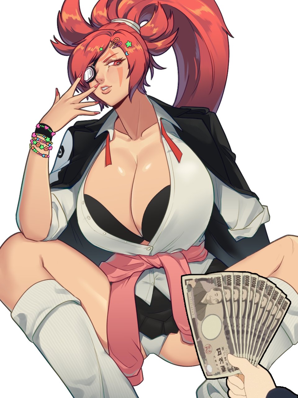 1girls, amputee, baiken, big breasts, big hair, breasts, cleavage, delinquent, exposed bra, eyepatch, facial tattoo, female, guilty gear, gyaru, gyarufication, gyarufied, highres, large breasts, long hair, male, one-eyed, open clothes, pink hair, ponytail, red eyes, scar, scar across eye, scar on face, skullworms, solo, tattoo
