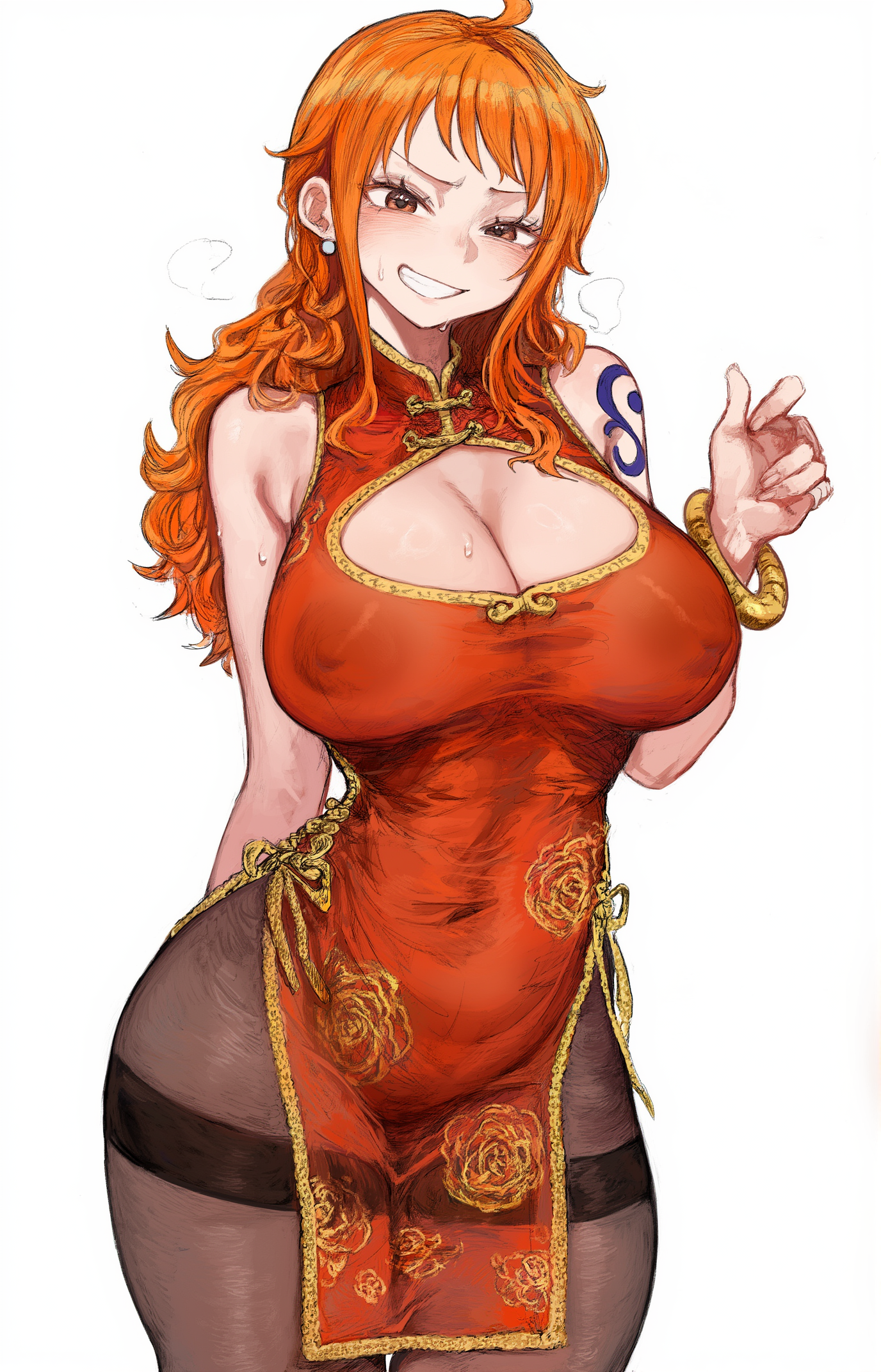 1girls, ai assisted, ai generated, arm tattoo, blue tattoo, breasts, chinese clothes, dress, female, female only, nami (one piece), nipples, not real art, one piece, orange hair, orange-haired female, pantyhose, plushyplant, tattoo, thunder thighs