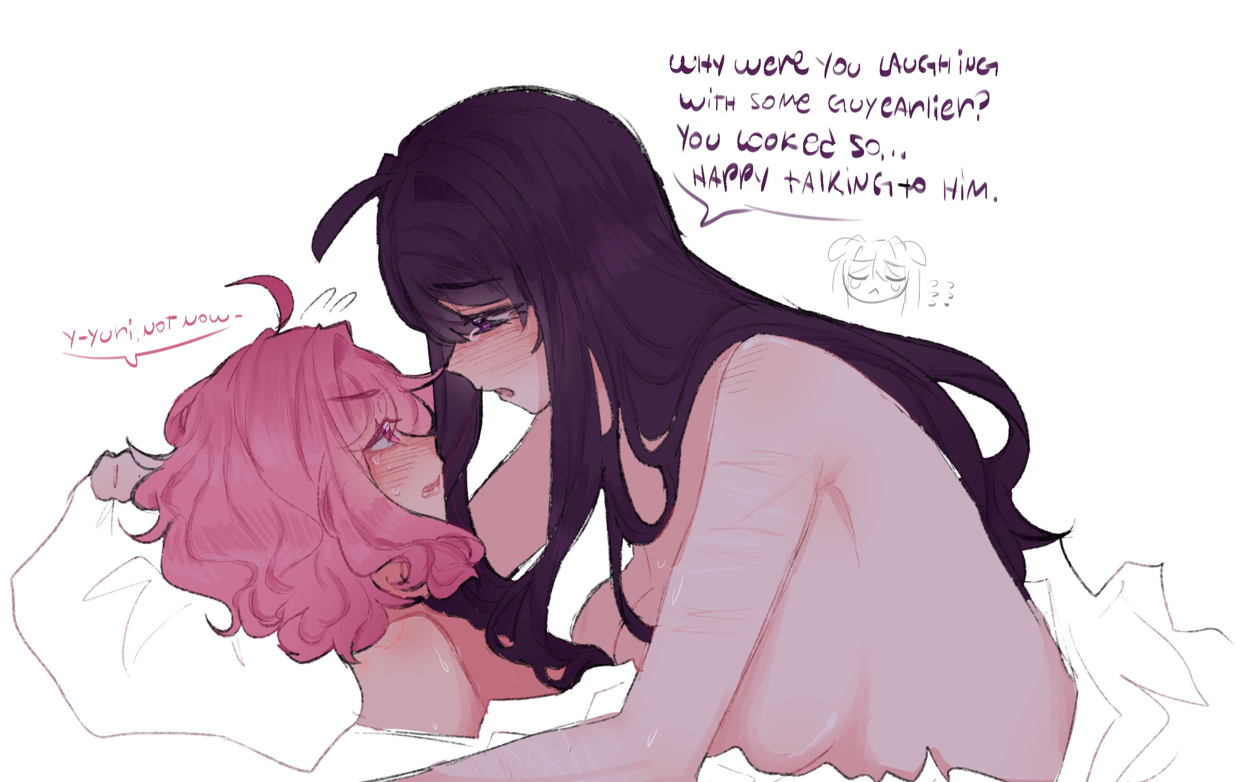2females, 2girls, bite mark, bite mark on shoulder, blush, breasts, doki doki literature club, english text, female, female only, high quality, high resolution, highres, jealous, large breasts, lesbian couple, long hair, medium hair, multiple girls, natsuki (doki doki literature club), nude, open mouth, pink eyes, pink hair, pockiseisont, purple eyes, purple hair, self-harm scar, short hair, spanish commentary, speech, speech bubble, stressed, sweat, tears, text, uncomfortable, under covers, yuri, yuri (doki doki literature club)