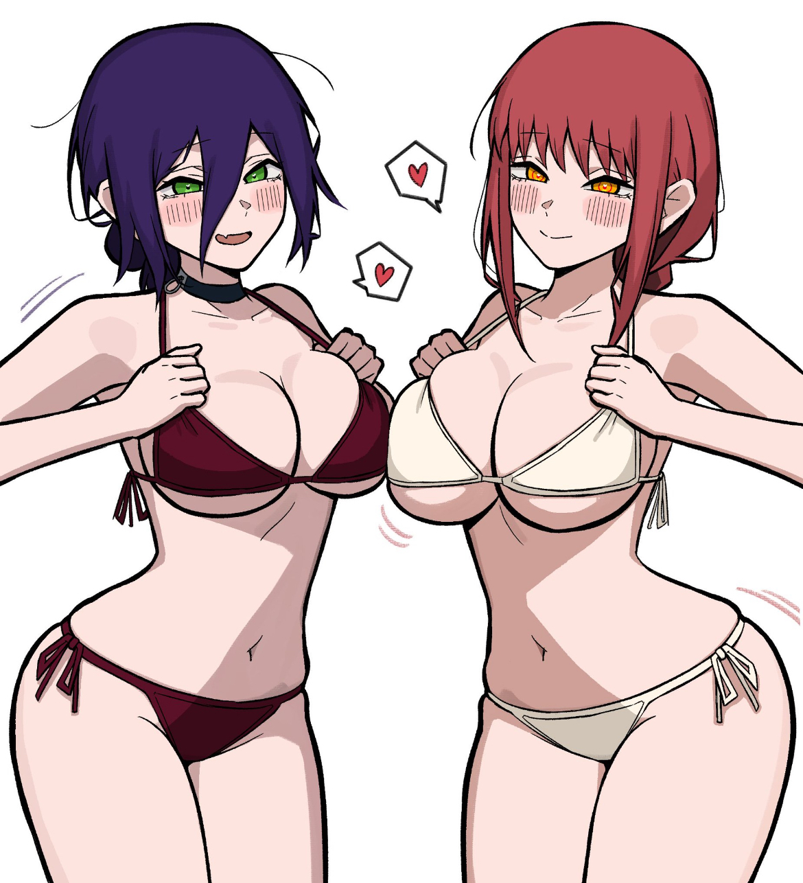 2girls, aguxxxuu, big breasts, bikini only, blush lines, breast to breast, breasts touching, chainsaw man, curvy female, female, female only, makima (chainsaw man), purple hair, red hair, reze (chainsaw man), thick thighs, wide hips
