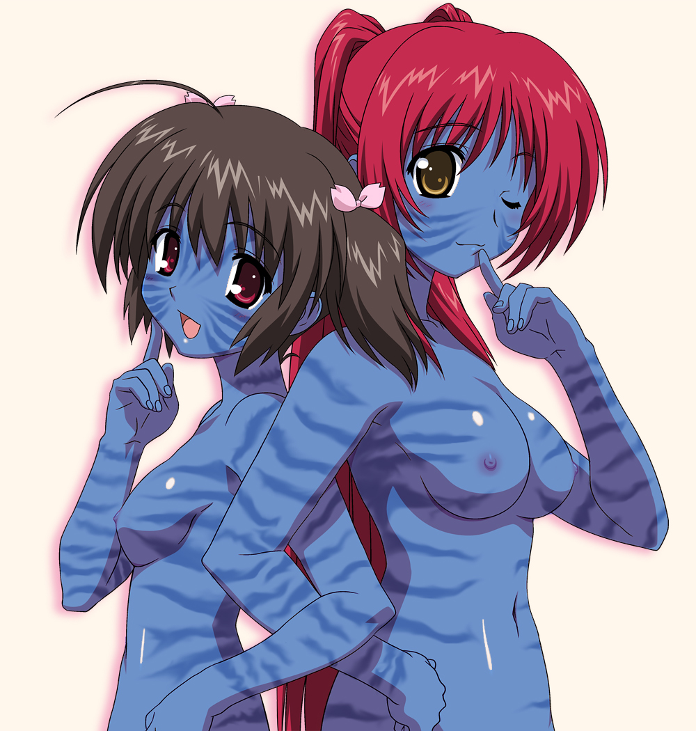 20th century fox, 20th century studios, 2d, 2girls, alien, alien girl, alien only, alternate species, avatar, back to back, blue skin, bow, breasts, brown hair, crossover, female, female only, finger to mouth, james cameron's avatar, kousaka tamaki, locked arms, long hair, manga, medium breasts, na'vi, nipples, nude, open mouth, red eyes, red hair, ribbon, small breasts, smile, striped, stripes, tied hair, to heart (series), to heart 2, twintails, upper body, wink, xl-toons.com, yellow eyes, yuzuhara konomi
