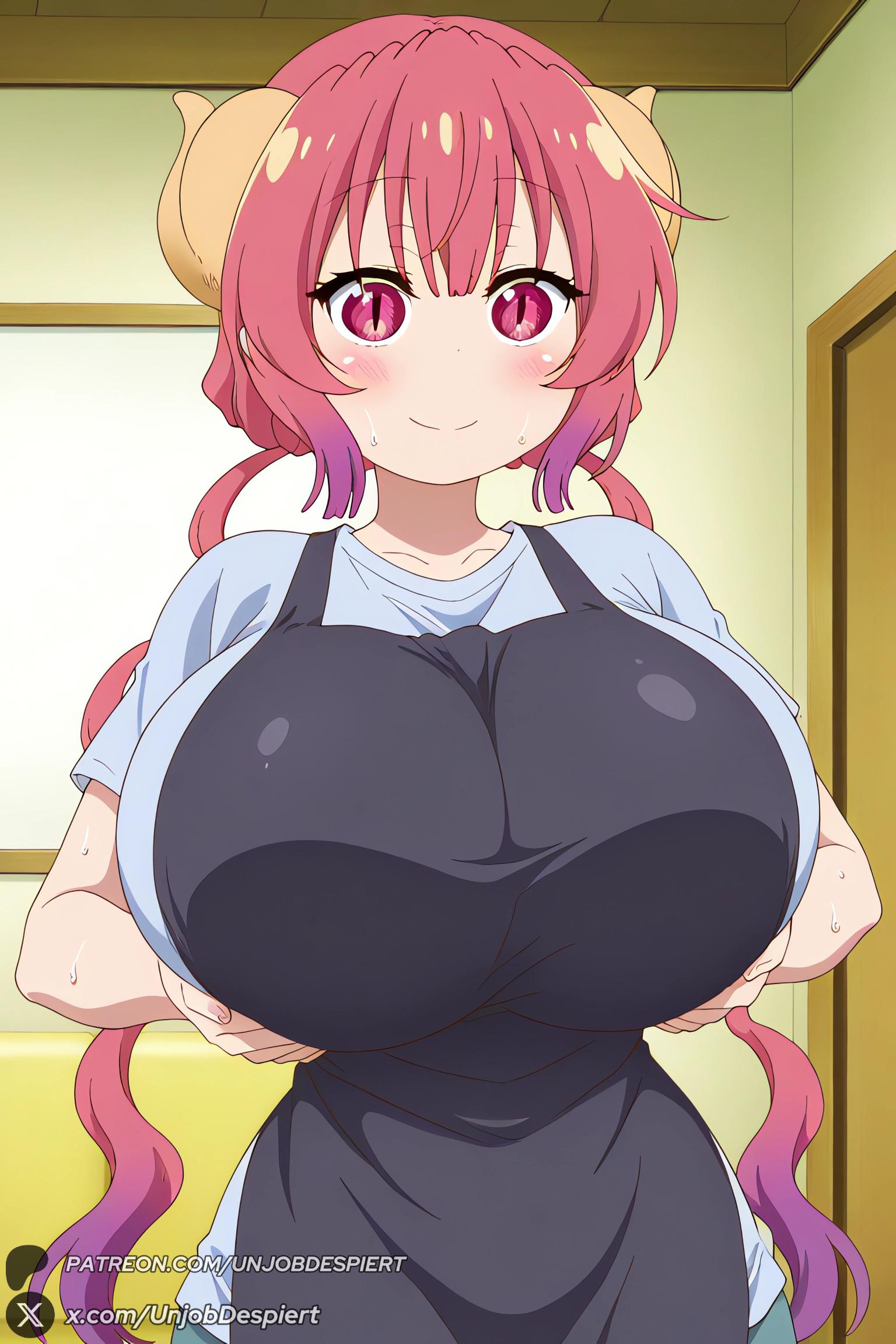 1female, 1girls, 2026, ai generated, apron, artist name, bangs, big ass, big breasts, black apron, blue shirt, blush, breasts, closed mouth, collarbone, curvy, dragon girl, dragon horns, female, female only, gradient hair, hi res, high quality, high resolution, highres, horns, huge ass, huge breasts, ilulu (dragon maid), ilulu (maidragon), ilulu (miss kobayashi's dragon maid), indoors, kobayashi-san chi no maidragon, long hair, looking at viewer, multicolored hair, patreon, patreon username, pink hair, purple hair, red eyes, red hair, shirt, short sleeves, slit pupils, smile, solo, sweat, twintails, unjobdespiert, watermark
