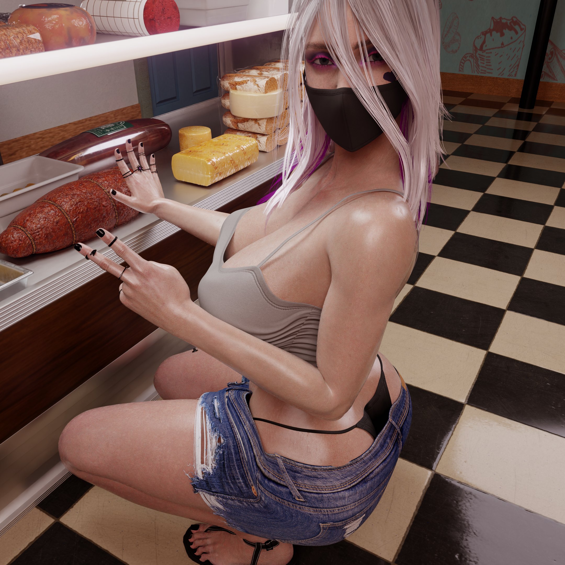 1girls, 2026, 3d, alternate body type, ass, big ass, big breasts, black nail polish, black toenail polish, breasts, cleavage, clothed, clothed female, crouching, curvaceous, curvaceous female, dbd, dead by daylight, eyeshadow, facemask, fazeddown, feet, female, female only, g-string, g-string exposed, grey eyes, heart on cheek, indoors, light skin, light-skinned female, long hair, looking at viewer, makeup, mask, nail polish, painted nails, painted toenails, peace sign, pink eyeshadow, public, purple eyeshadow, purple fade hair, purple hair, ring, rings, sable ward, sandals, short shorts, shorts, silver hair, skimpy, skimpy clothes, solo, spaghetti strap, store, tank top, toenail polish, toes, two-tone eyeshadow
