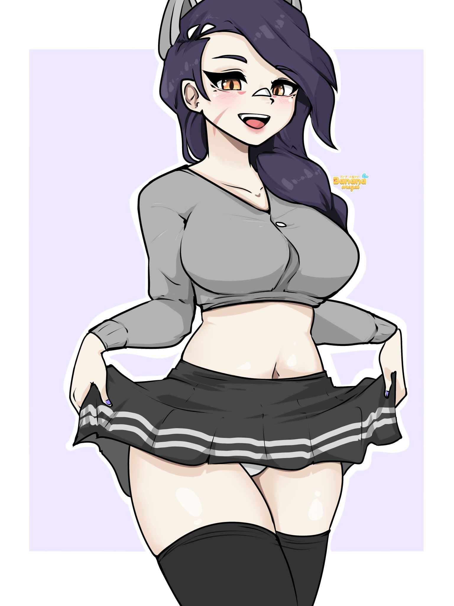 1girls, 2025, artist name, banana onegai, big breasts, breasts, cat ears, cat girl, catgirl, child bearing hips, clothed, clothing, erisa (fortnite), fortnite, light skin, light-skinned female, looking at viewer, navel, panties, pubic hair, scar, scar on face, skirt, skirt lift, skirt up, solo, standing, thick thighs, thighhighs, thighs, underwear, video games, wide hips, yellow eyes