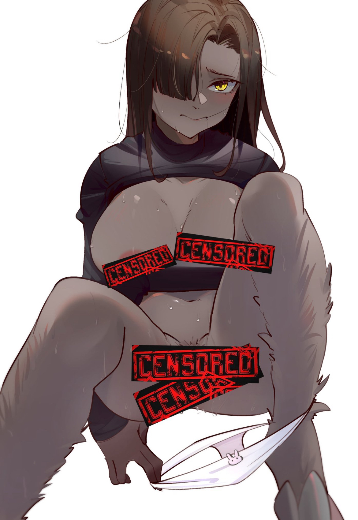 animal humanoid, asusasuki, breasts, brown hair, censored, censored (lobotomy corporation), dark-skinned female, female, female only, fur, hair over one eye, limbus company, long hair, nipple peek, panties down, pink nipples, project moon, pubic hair peek, shirt up, taking off panties, zilu (limbus company), zilu (project moon)