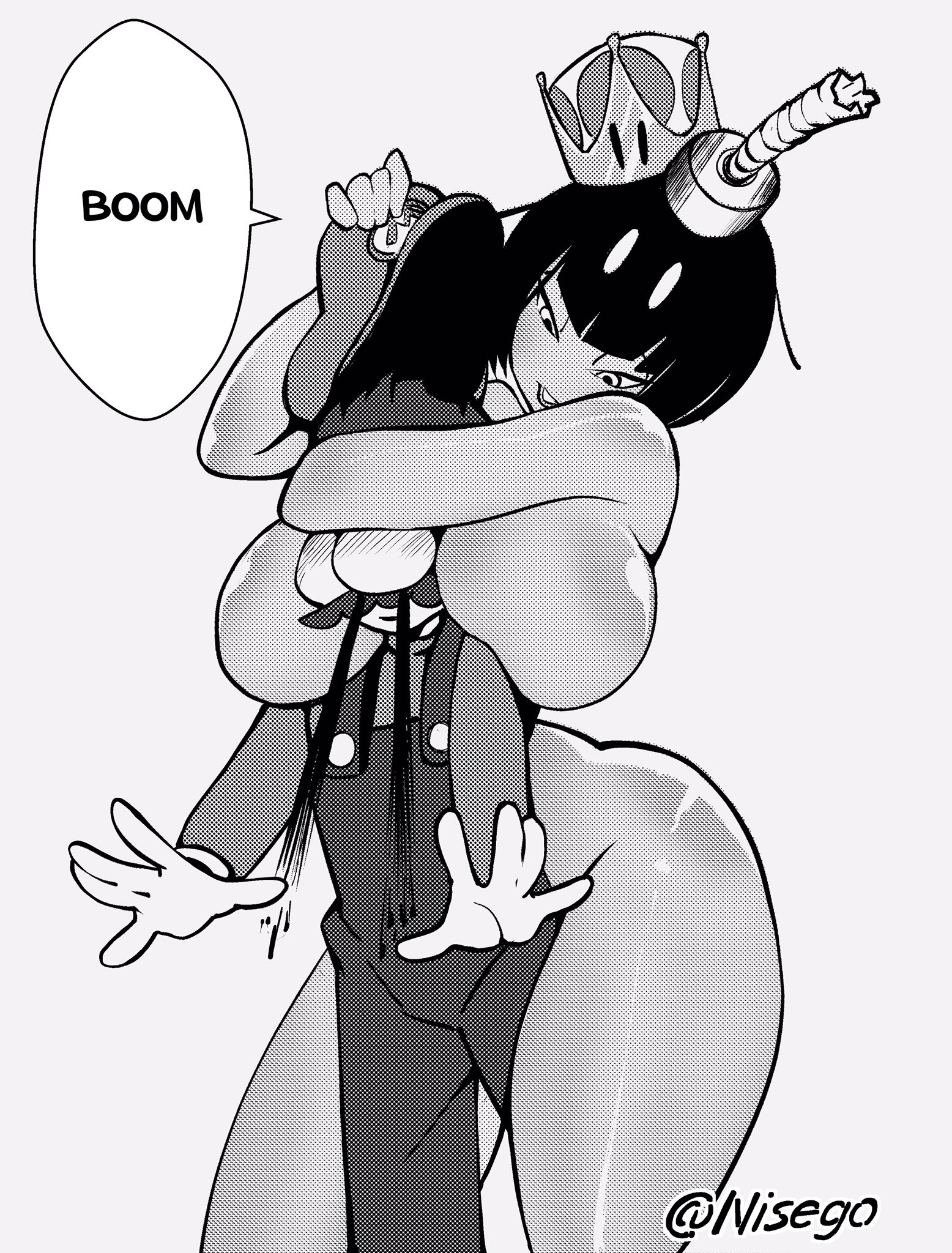 1boy, 1girls, alternate version available, artist logo, artist name, ass, bedroom eyes, black and white, bob-omb, bob-ombette, boobs, breast smother, breast squeeze, breasts, crown, curvy, dark skin, dark-skinned female, female, femdom, fully clothed, fully clothed male, fuse, hat, hat grab, head between breasts, humanized, interracial, king bob-omb, light-skinned male, male, mario, mario (series), marshmallow hell, massive ass, massive breasts, naked, naked female, new super mario bros. u deluxe, nintendo, nisego, no nose, nosebleed, nude, nude female, queen bob-omb, rule 63, seductive, size difference, smothering, solo focus, super crown, super mario bros., teasing, text, text bubble, thick thighs, voluptuous, voluptuous female, voluptuous woman, wide hips