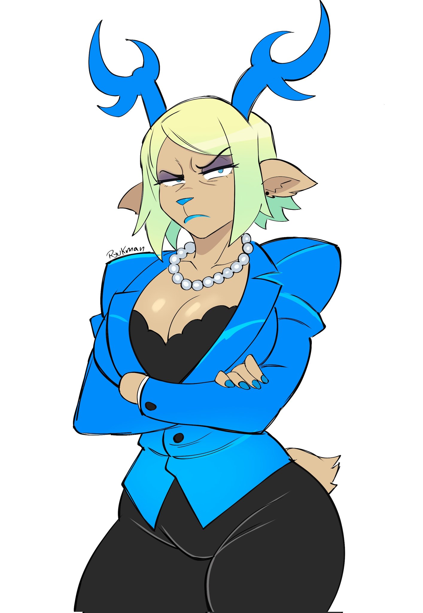 alternate version at source, alternate version available, anthro, antlers, big breasts, blue lipstick, blue nails, breasts, carol holiday, closed mouth, deer, deer ears, deer girl, deer tail, deltarune, deltarune chapter 4, doodle, female, female only, furry, furry female, half-closed eyes, lipstick, medium hair, nervous, older female, questionable, ryukman, simple background, suggestive, suggestive look, tawman art, textless version, undertale (series)