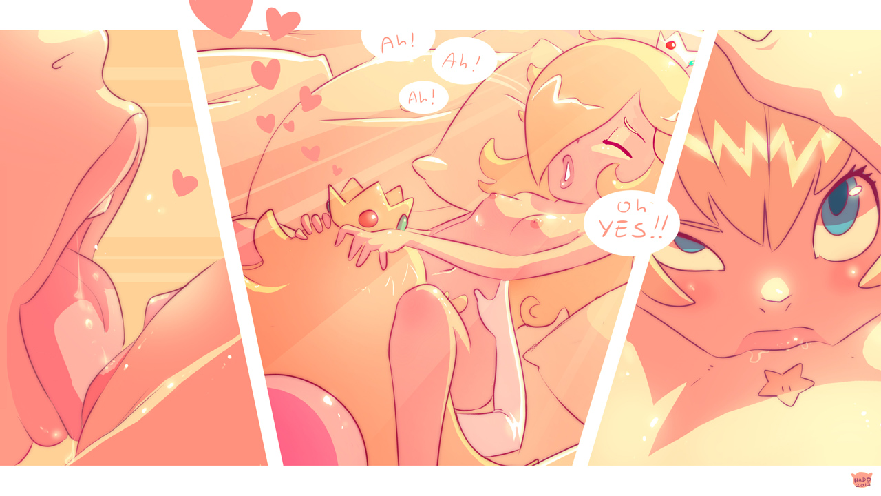2girls, between legs, blonde hair, blue eyes, blush, breasts, closed eyes, crown, cunnilingus, elbow gloves, female, female only, gloves, hair, hands on head, hands on waist, hard translated, heart, human, licking, lips, looking up, mario (series), multiple females, multiple girls, navel, nintendo, nipples, nude, open mouth, oral, pillow, princess, princess peach, princess rosalina, pussy, pussy juice, saliva, star, tattoos, thehadokenman, tongue, torso grab, yuri