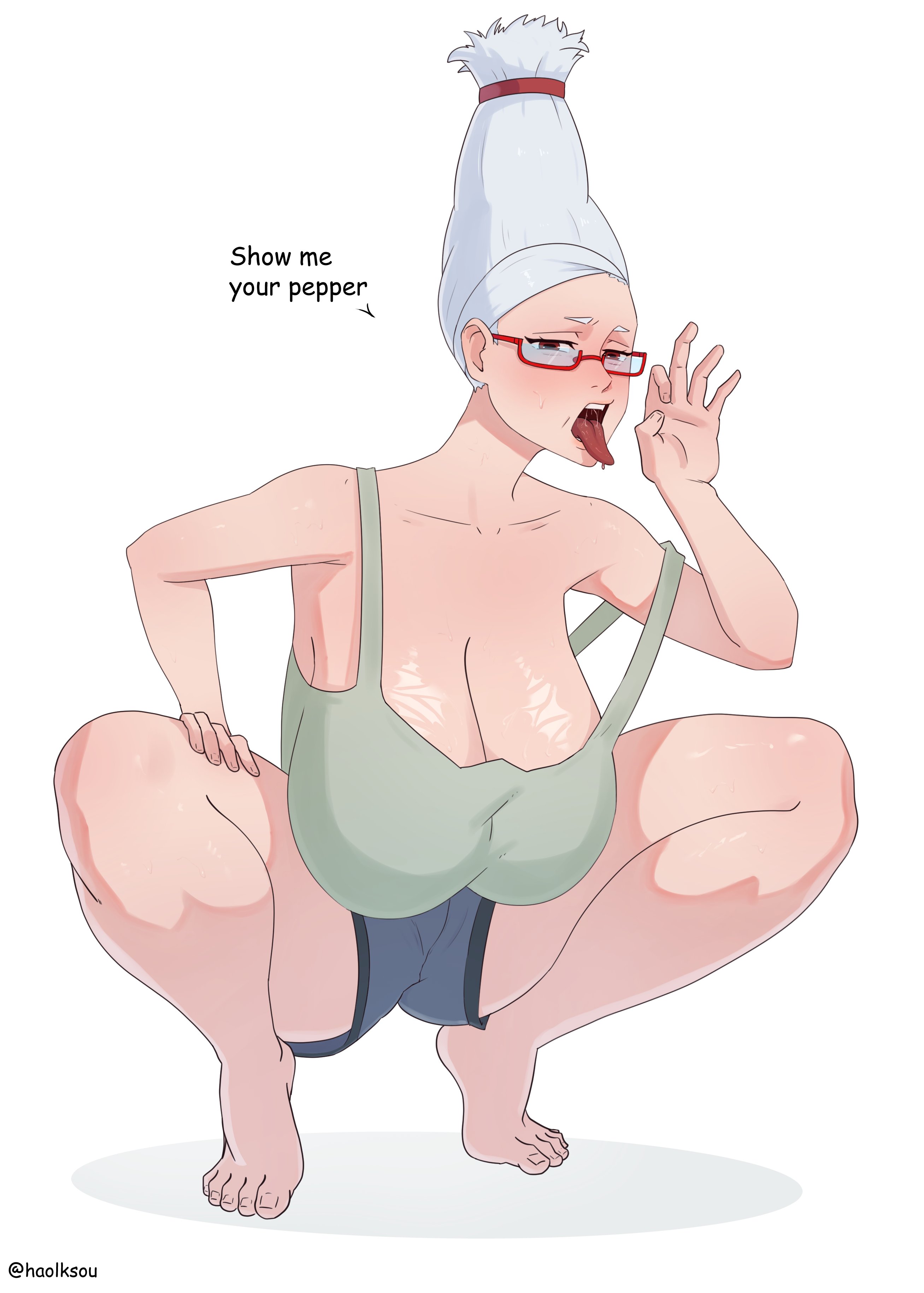 1girls, ayase seiko, big breasts, breasts, cleavage, cleavage cutout, dandadan, fellatio gesture, female, female only, gilf, glasses, haolksou, huge breasts, mature female, open mouth, solo, squatting, tongue, tongue out, white hair