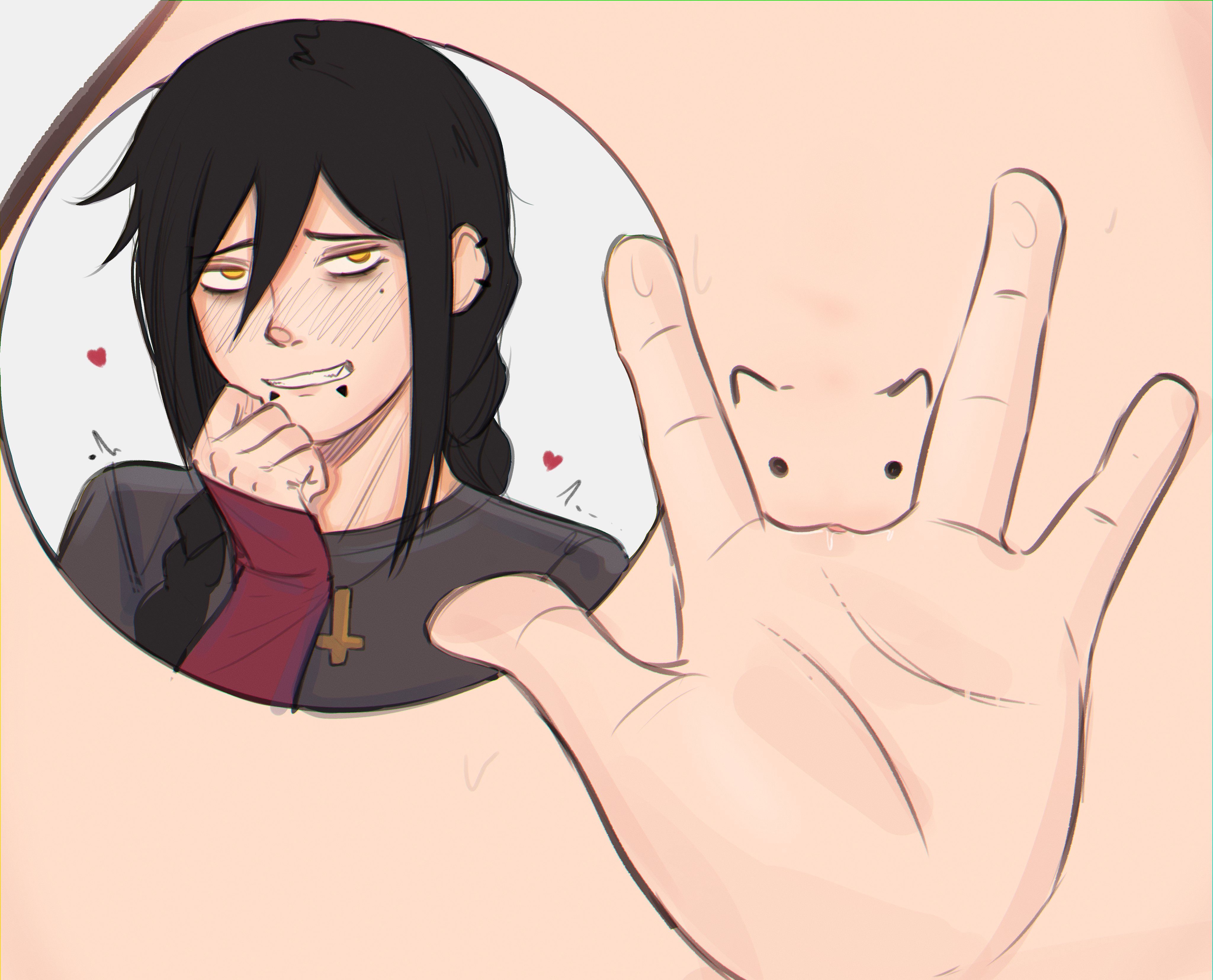 1girls, 2d, 2d (artwork), alt girl, black hair, black hair female, black-haired female, chainsaw man, clenched teeth, clitoris, cross necklace, do you want to pet my cat (meme), drawing on body, ear piercings, female, fingering self, hearts, looking at viewer, nayuta (chainsaw man), piercings, ponytail, pubic area, pussy peek, solo, solo female, zero dead zone