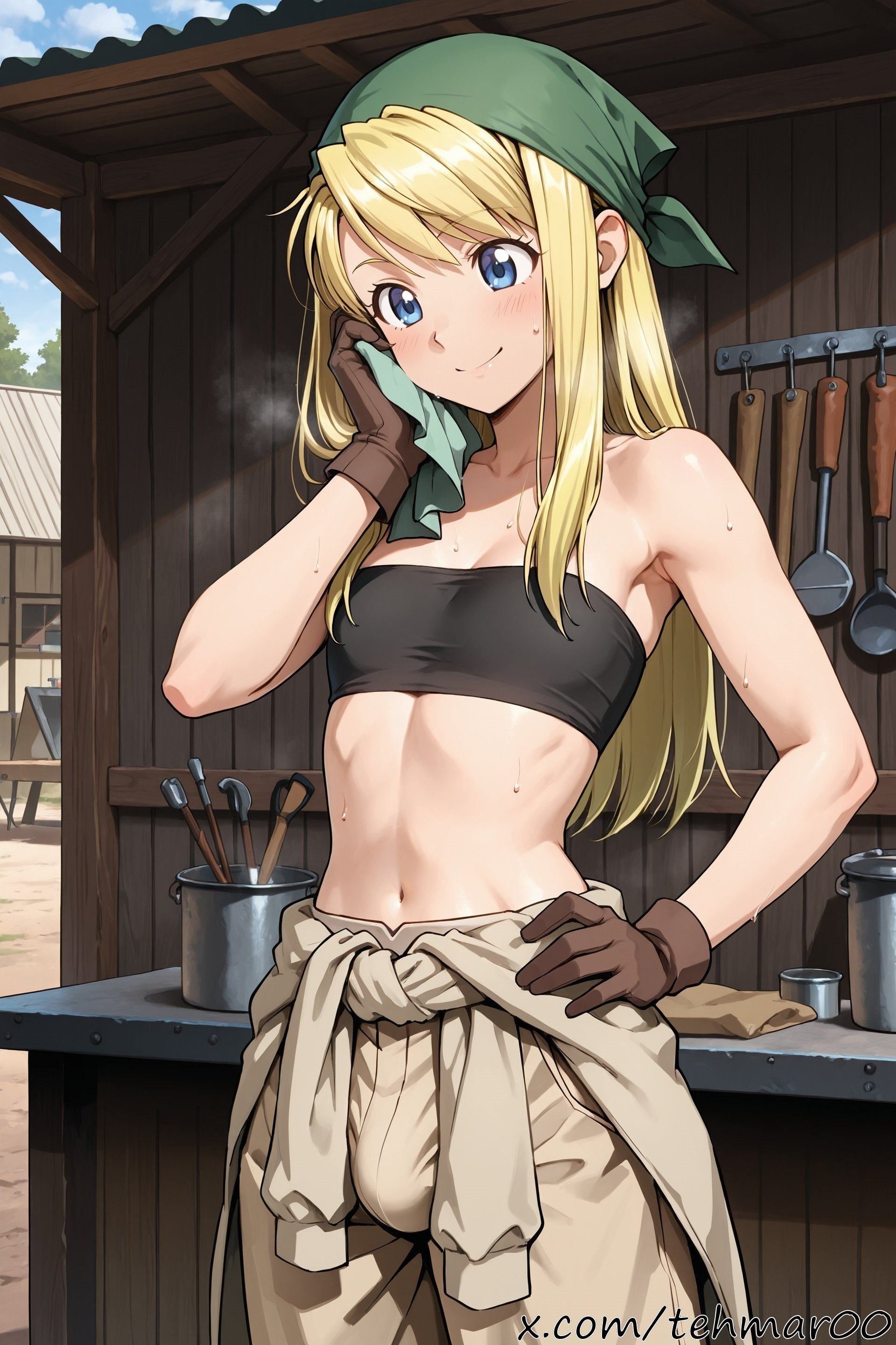 1boy, ai generated, bandana, bangs, bare shoulders, blonde hair, blue eyes, blush, brown gloves, closed mouth, clothes around waist, collarbone, cowboy shot, day, femboy, fullmetal alchemist, fullmetal alchemist brotherhood, genderswap (ftm), gloves, hand on hip, long hair, male, midriff, navel, rule 63, sidelocks, sky, smile, solo, standing, strapless, sweat, tagme, tehmar, trans woman, transfem, trap, tubetop, winry rockbell, wiping sweat