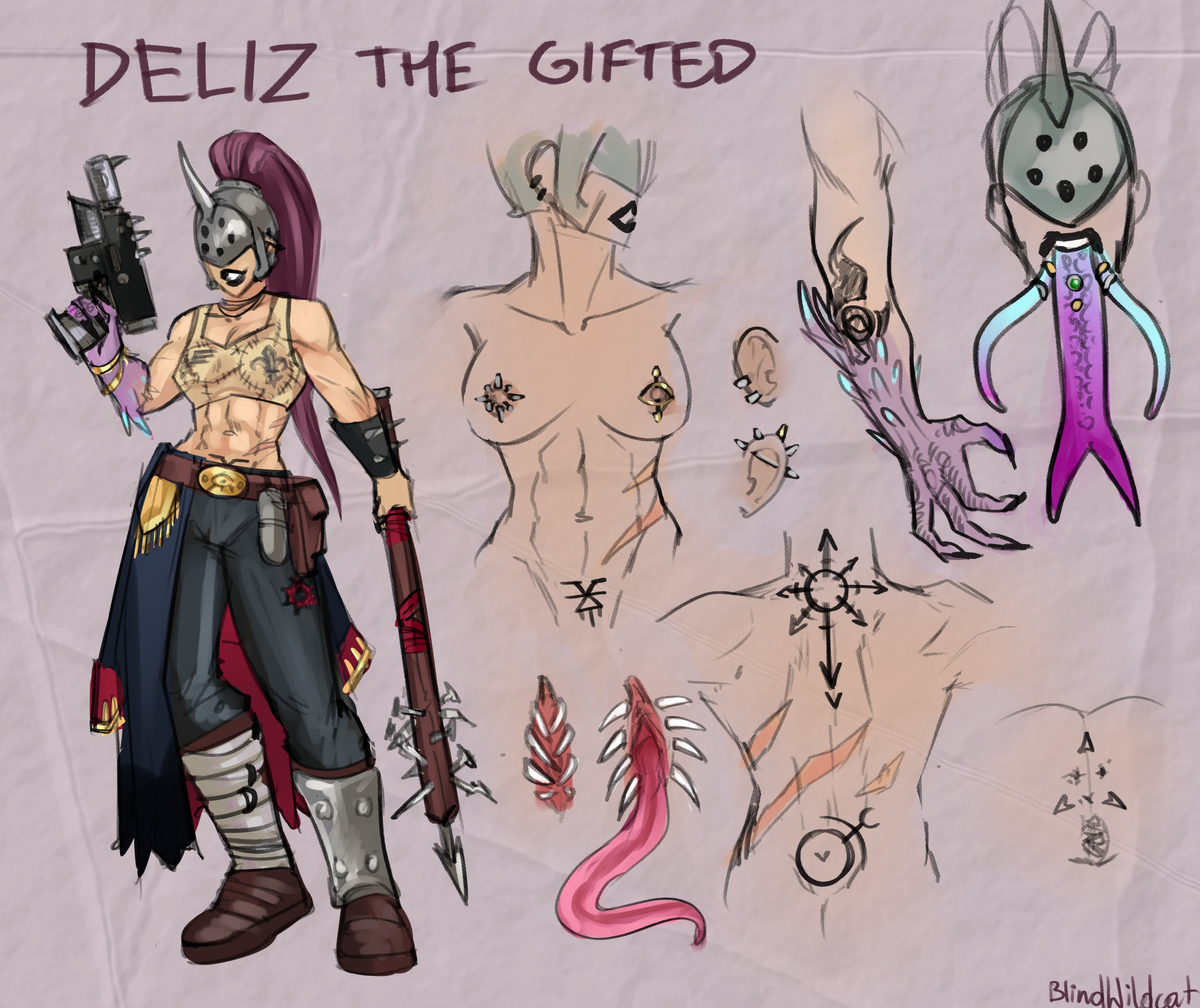 blindwildcat, chaos (warhammer), character sheet, clothes, cultist, deliz the gifted, female, female focus, female only, gun, helmet, helmet with visor, long tongue, melee weapon, multi anus, multi tongue, muscular female, mutant, nightmare waifu, nude, nude female, pierced ears, pierced nipples, piercings, ranged weapon, scars, tattoos, teeth, tongue, tongue out, unseen female face, unusual anatomy, unusual genitalia, vagina dentata, vagina tongue, warhammer (franchise), warhammer 40k