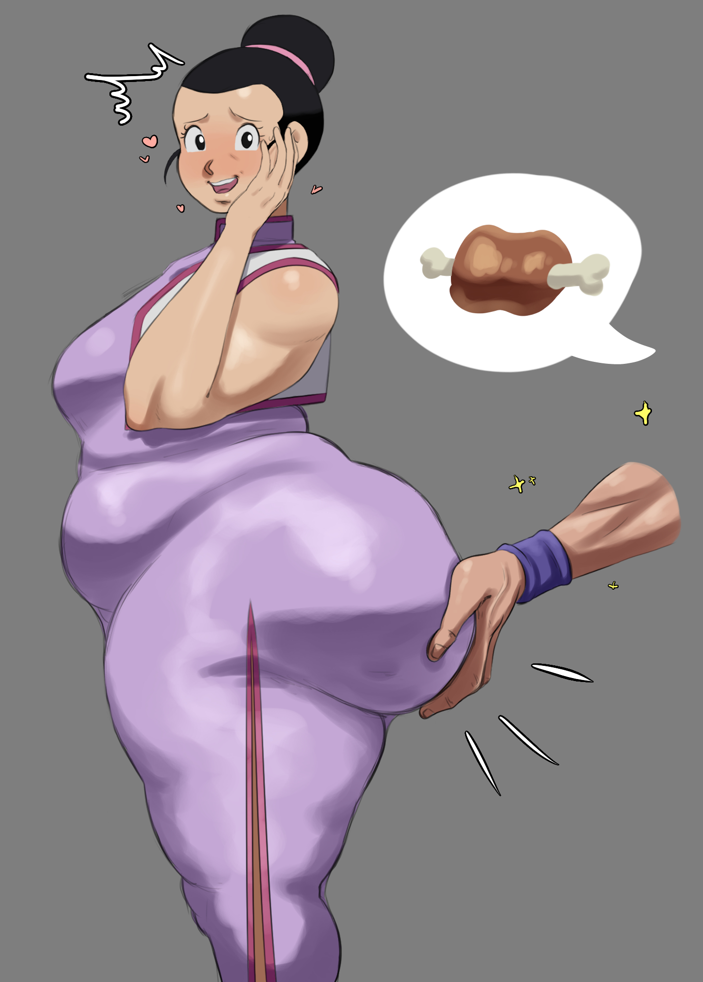 belly, big ass, black hair, blush, chichi, dragon ball, dragon ball super, dragon ball z, goku, hair in bun, hand on ass, hand only, isxues, meat, puddy, purple dress, son goku, thick ass, thick body